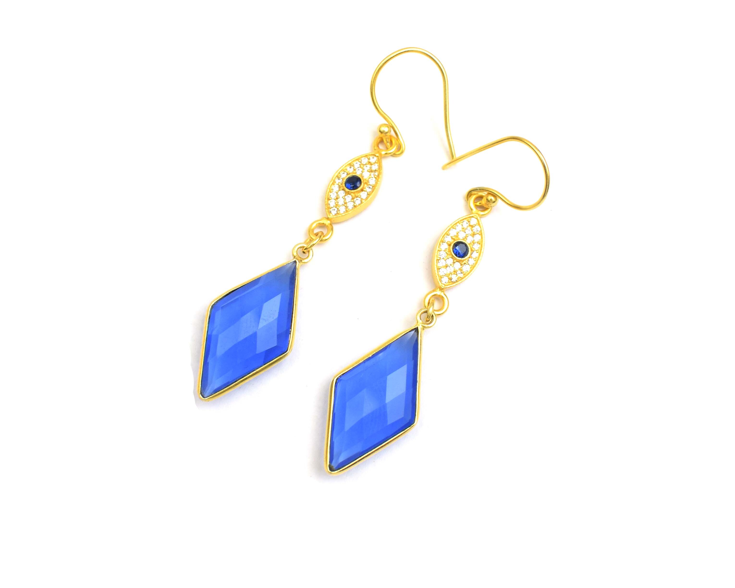 Checkerboard Blue Chalcedony Cubic Zircon Evil Eye With Charms Necklace With Earrings Set