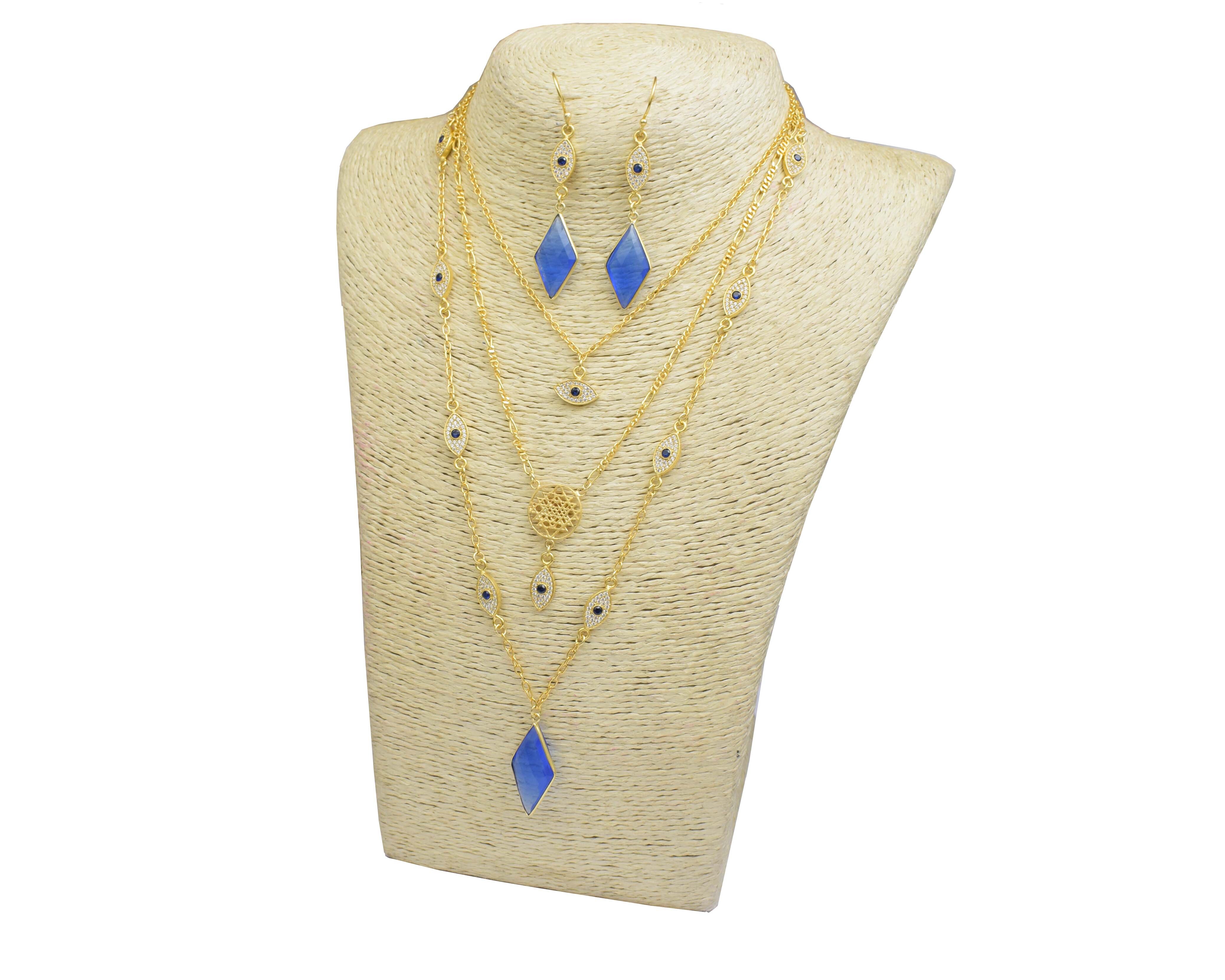 Checkerboard Blue Chalcedony Cubic Zircon Evil Eye With Charms Necklace With Earrings Set
