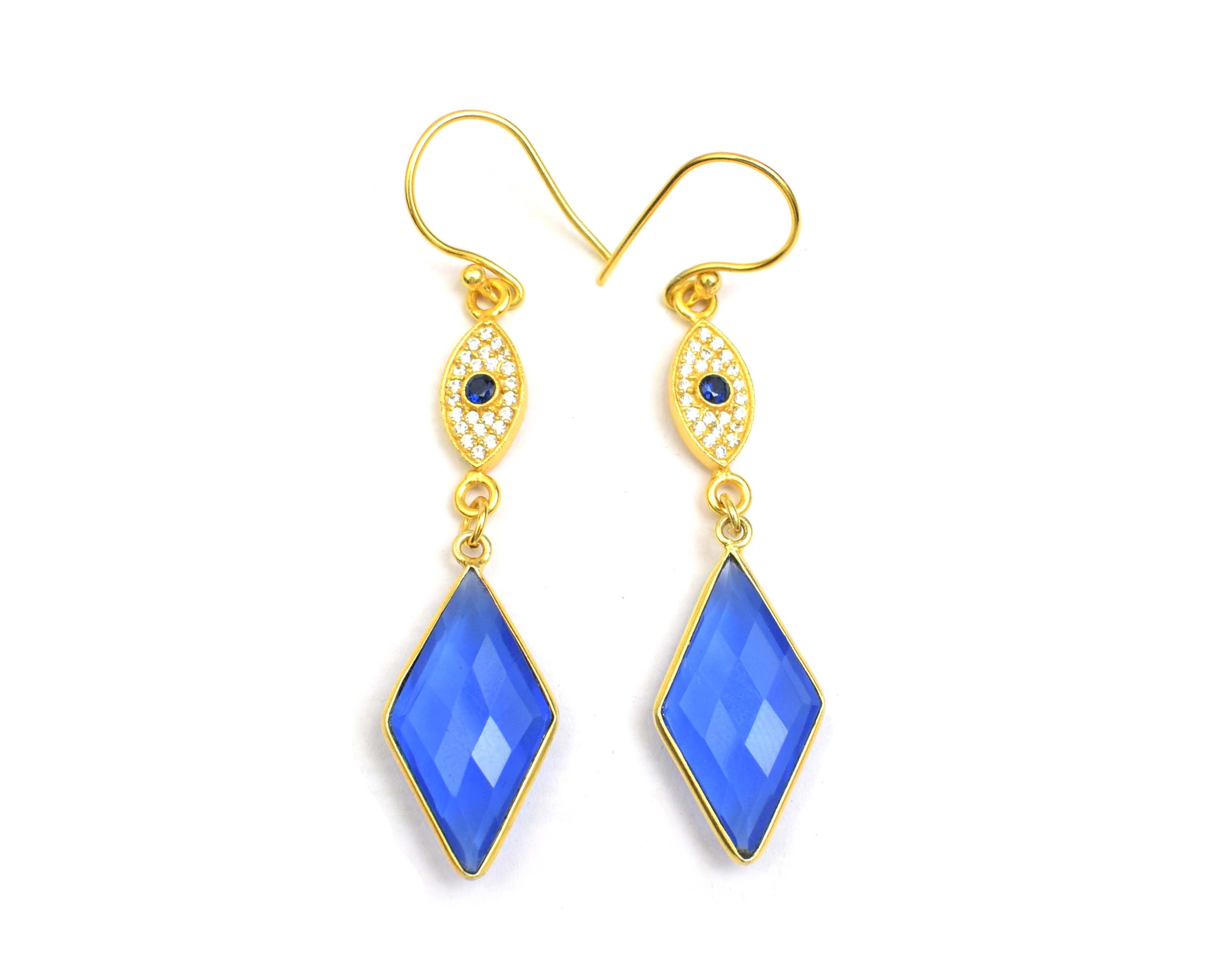 Checkerboard Blue Chalcedony Cubic Zircon Evil Eye With Charms Necklace With Earrings Set