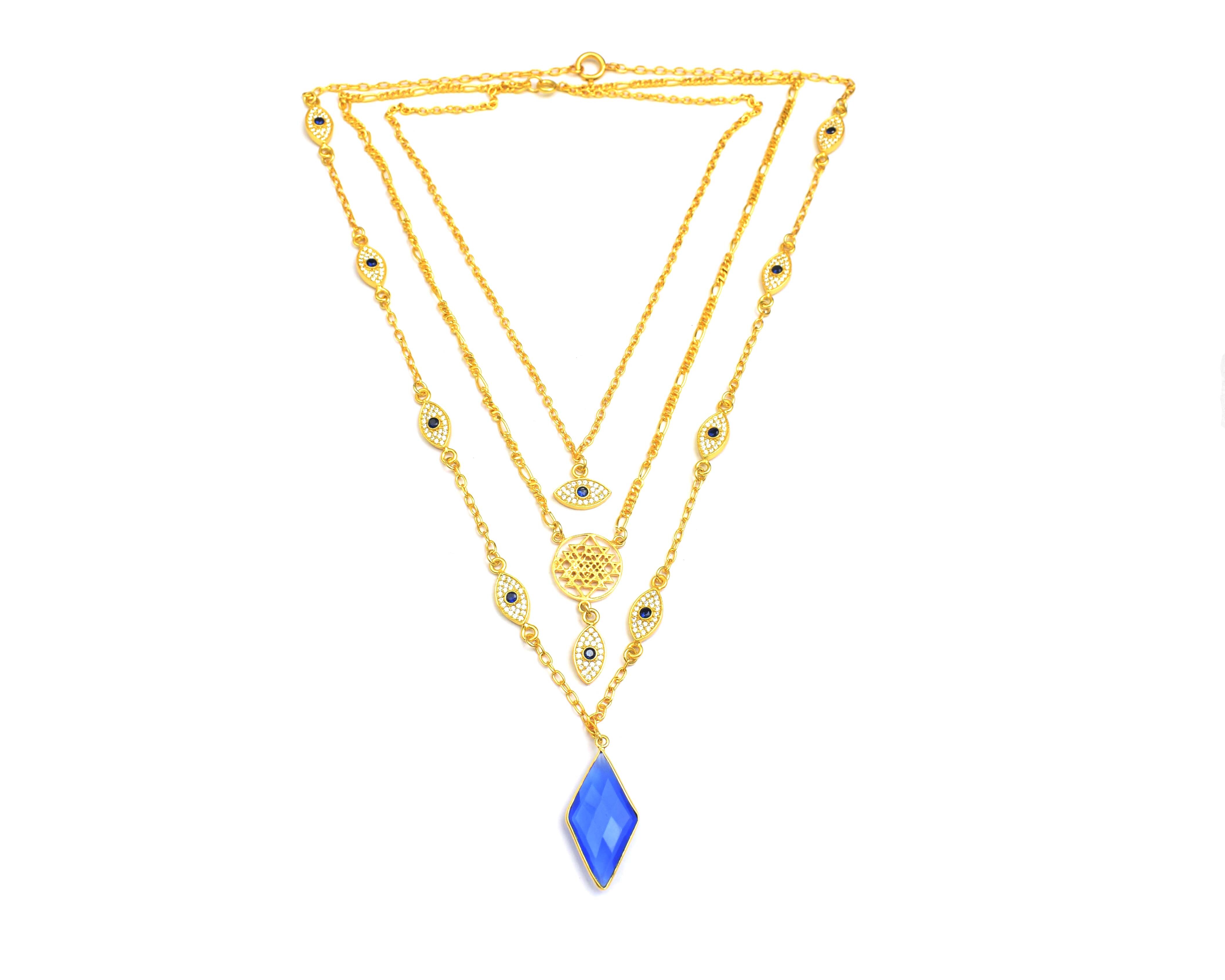 Checkerboard Blue Chalcedony Cubic Zircon Evil Eye With Charms Necklace With Earrings Set