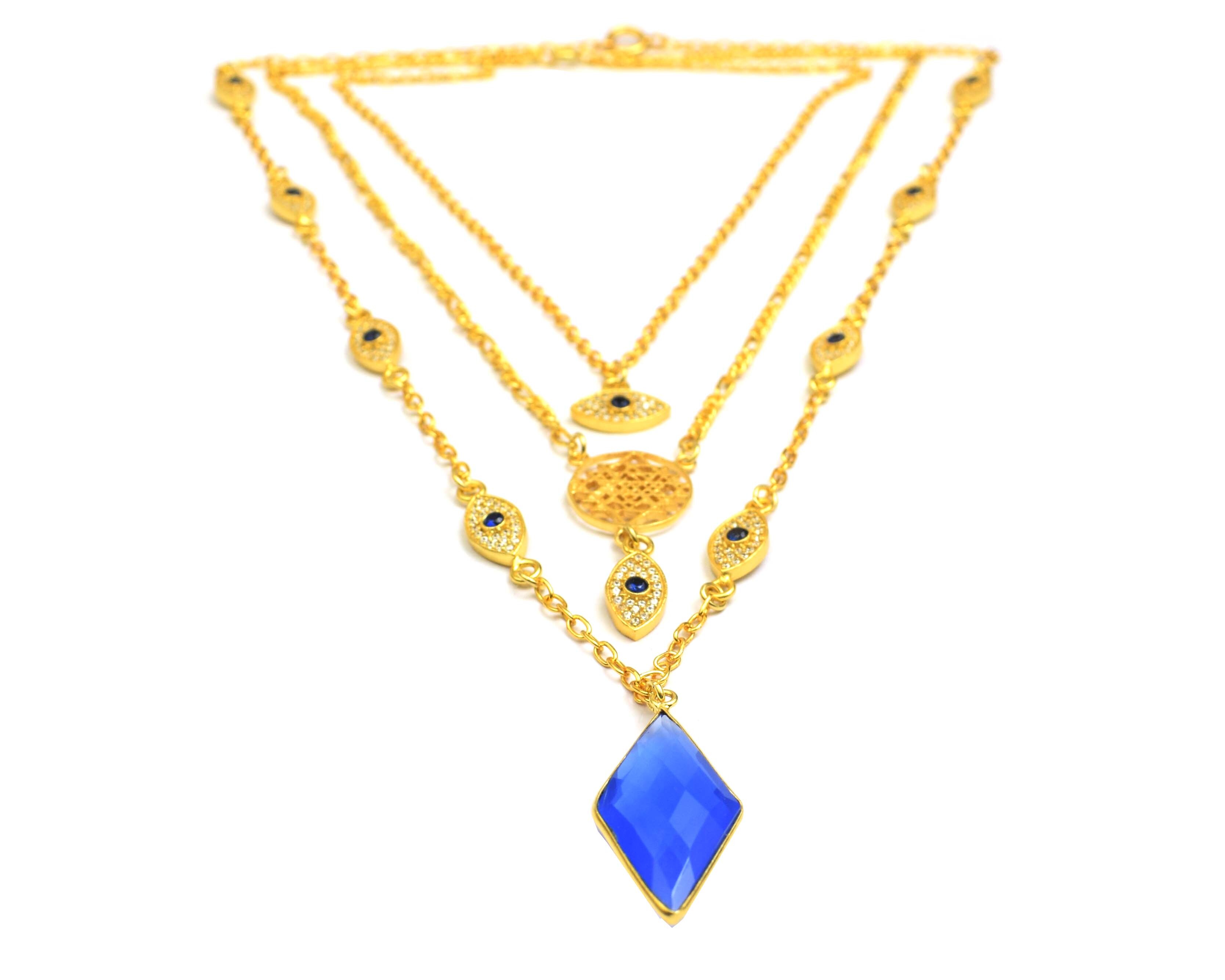 Checkerboard Blue Chalcedony Cubic Zircon Evil Eye With Charms Necklace With Earrings Set
