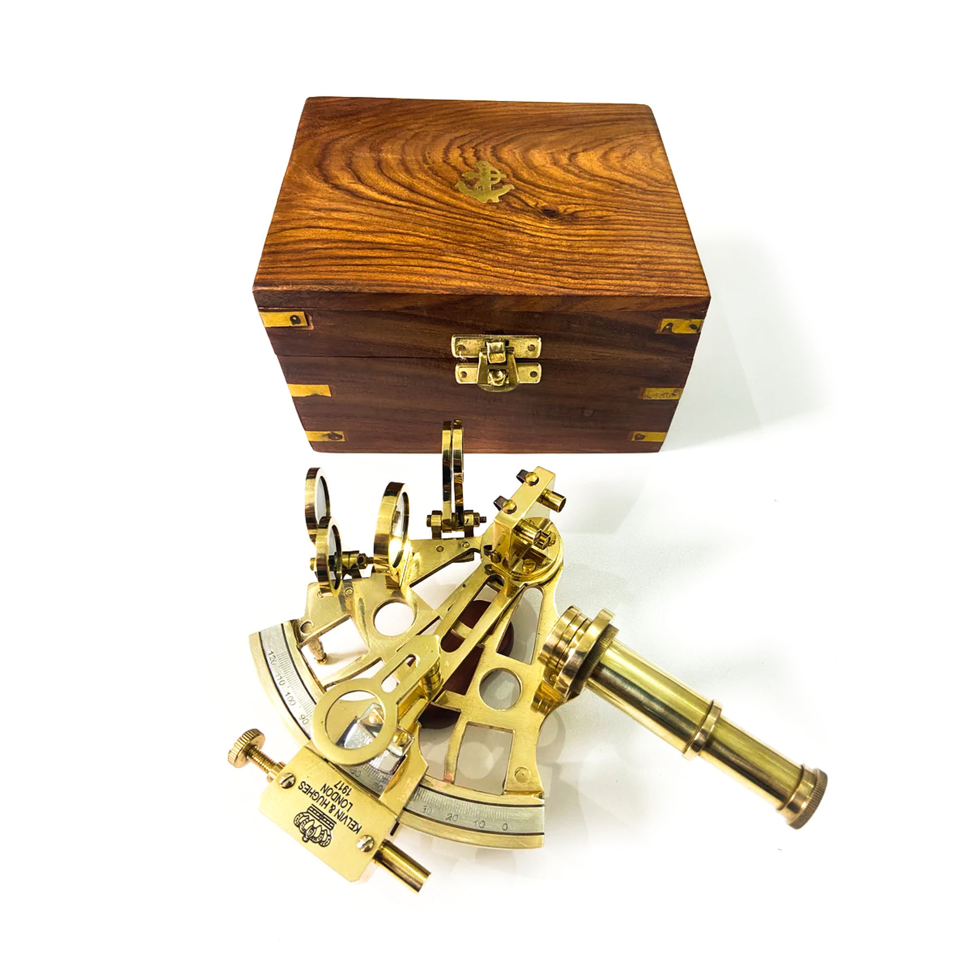 Nautical Brass Sextant - 6 Inch, Golden Polished Handmade Finish With Hardwood Handle And Adjustable Mirrors