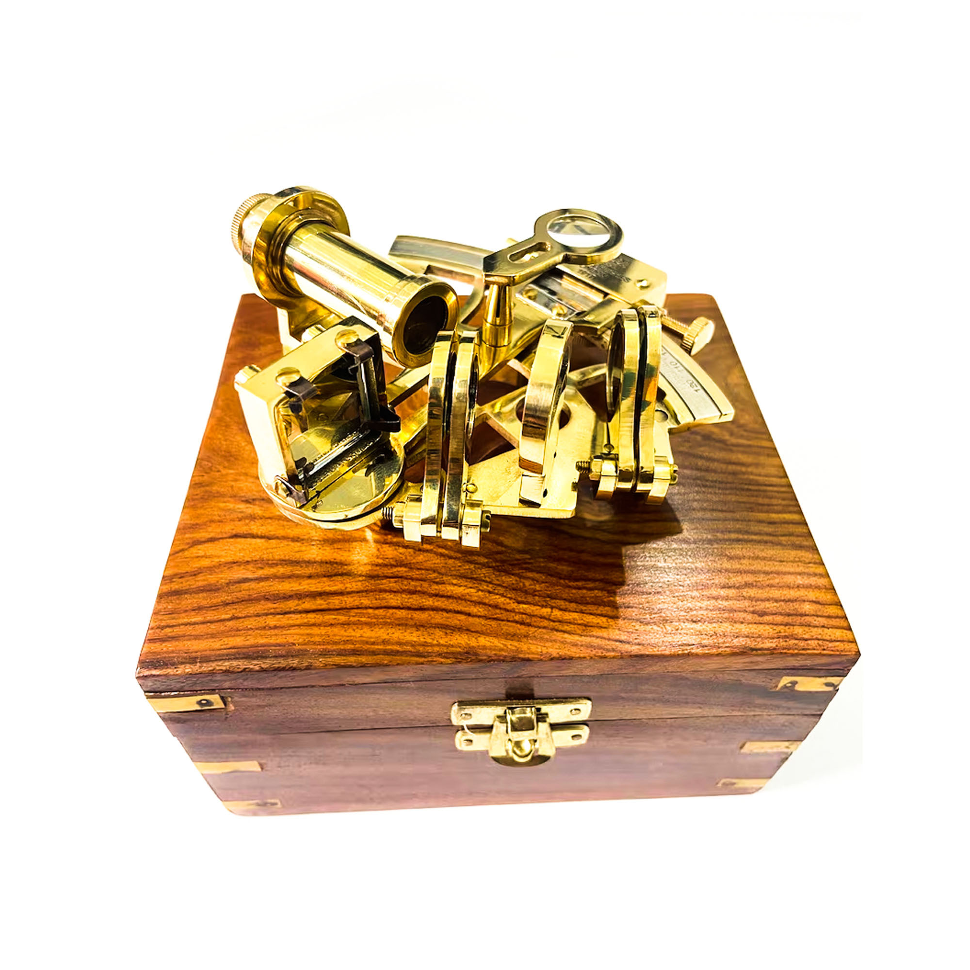 Nautical Brass Sextant - 6 Inch, Golden Polished Handmade Finish With Hardwood Handle And Adjustable Mirrors
