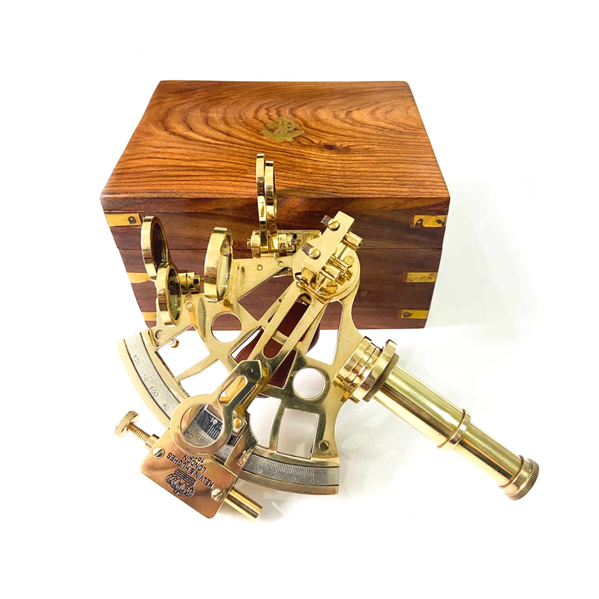 Nautical Brass Sextant - 6 Inch, Golden Polished Handmade Finish With Hardwood Handle And Adjustable Mirrors