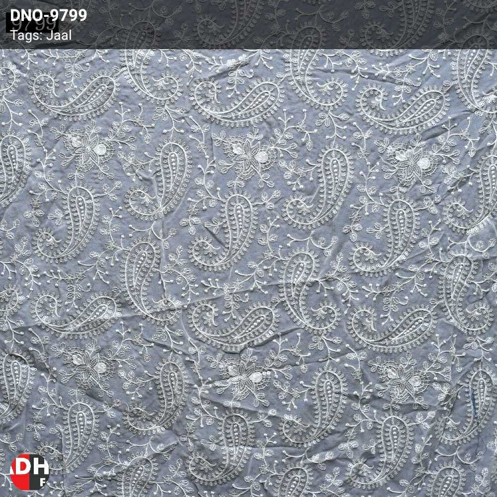 Sliver Sequence Embroidery Work - Georgette Fabric, 44 Meter Width | Light Weight, White Color, Suitable For Lehenga Choli, Blouse, Dupatta, Embroidered Texture