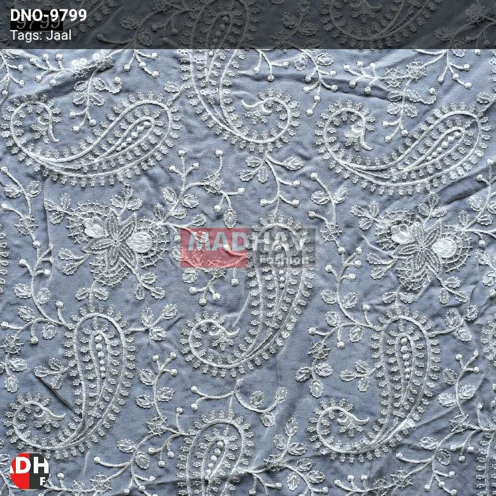 Sliver Sequence Embroidery Work - Georgette Fabric, 44 Meter Width | Light Weight, White Color, Suitable For Lehenga Choli, Blouse, Dupatta, Embroidered Texture