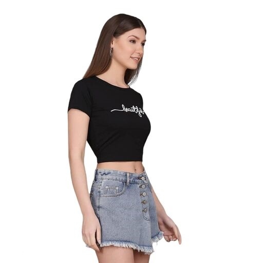 Crop Top Beautiful - Cotton, Size L/m/s/xl, Black | Printed Short Sleeve Design For Trendy Everyday And Office Wear