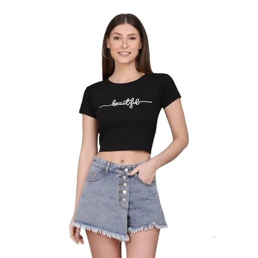 Crop Top Beautiful - Cotton, Size L/m/s/xl, Black | Printed Short Sleeve Design For Trendy Everyday And Office Wear
