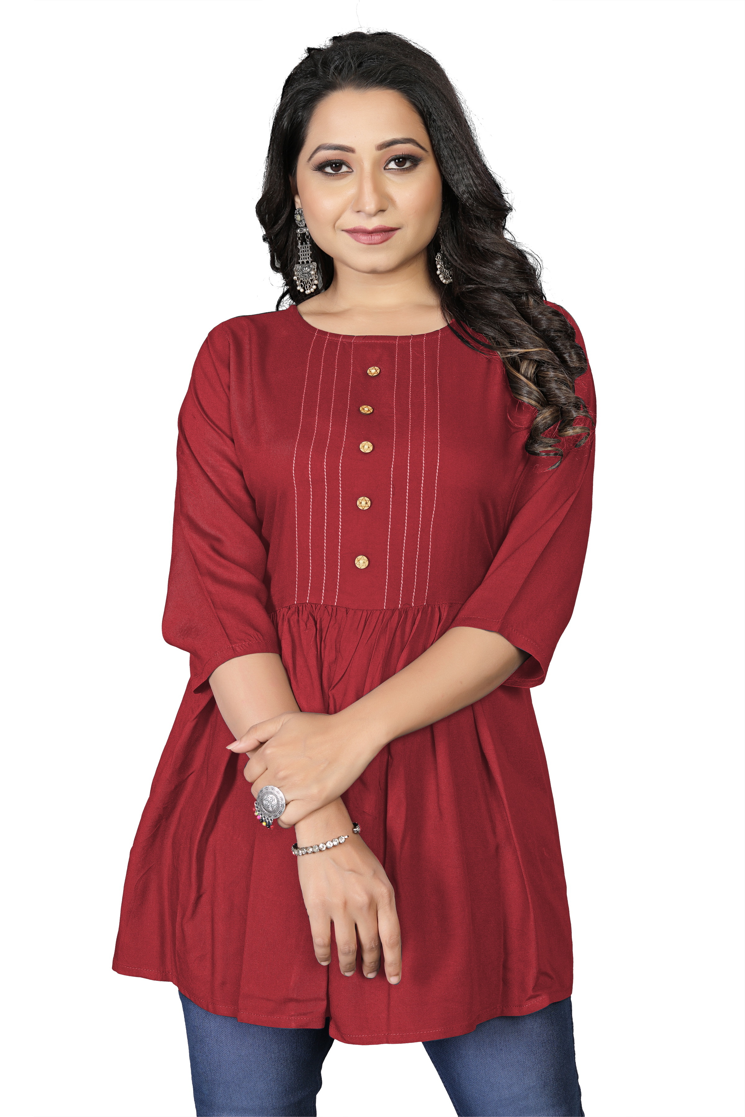 Fancy Kurta Of Ladies - Rayon Fabric, Long Top, Maroon Color | Smooth Texture, Versatile For Office And Party, Skin-friendly Design