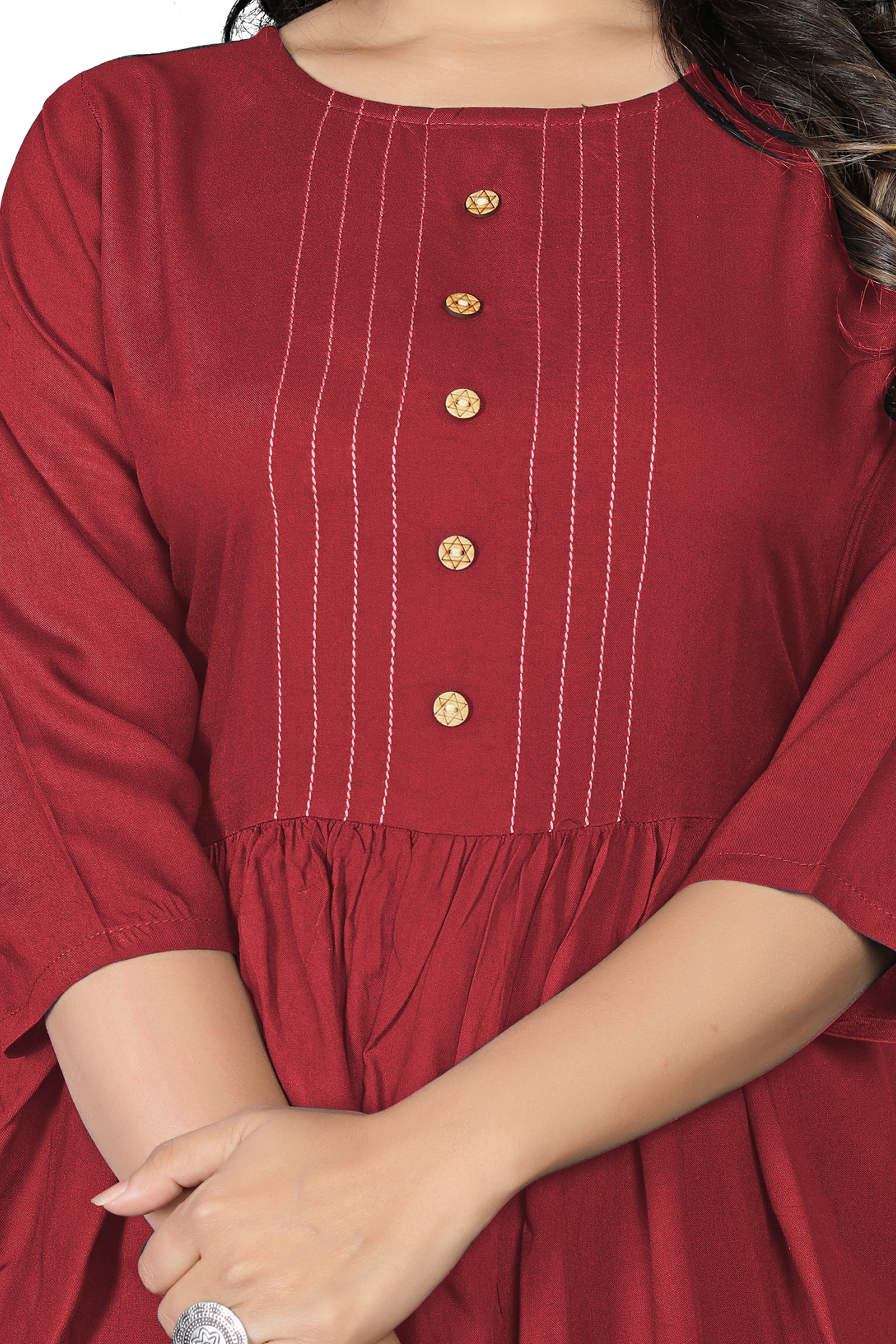 Fancy Kurta Of Ladies - Rayon Fabric, Long Top, Maroon Color | Smooth Texture, Versatile For Office And Party, Skin-friendly Design
