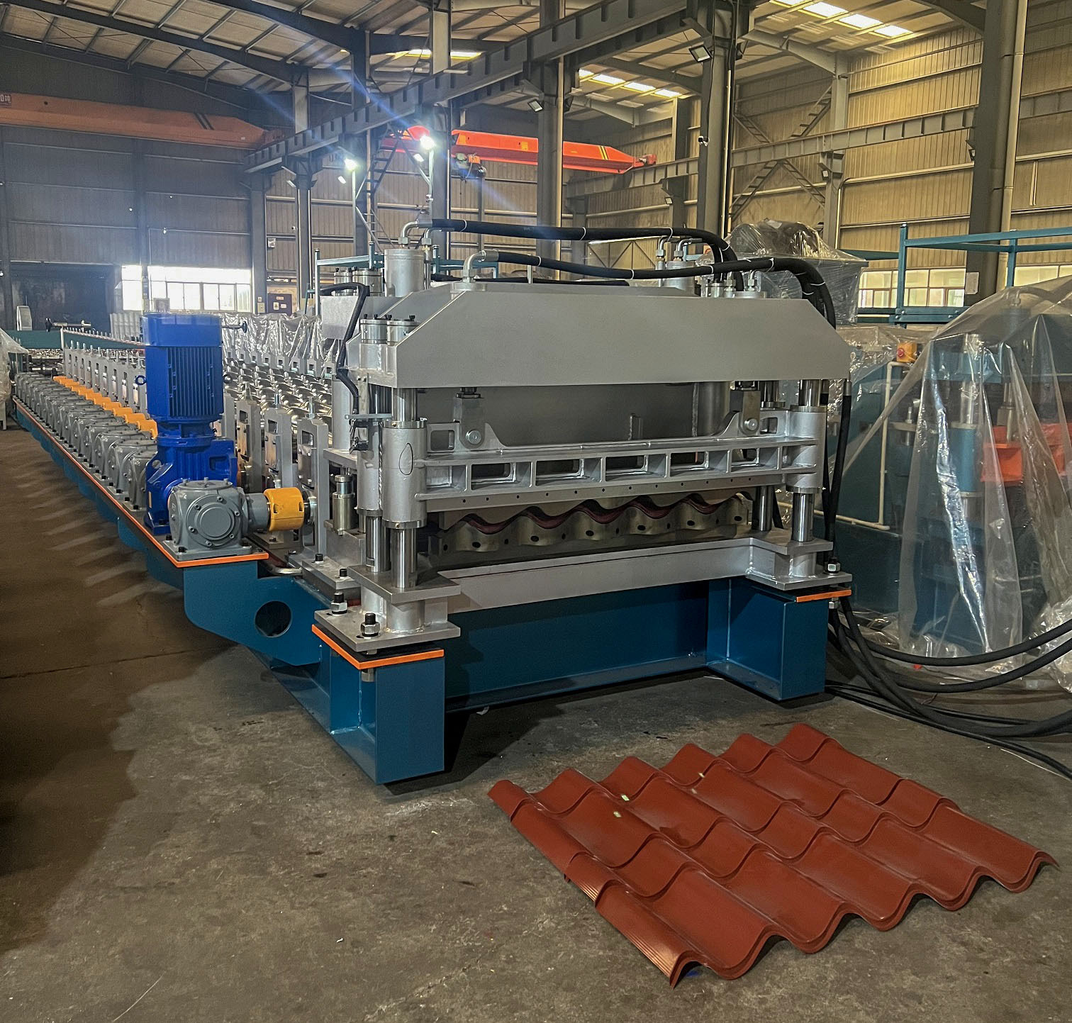 Metrocopo Tile Auto Roll Forming Machine - Steel Coil Sheet, 8.5x2.1x1.6 Meter, Blue | Automatic, 5-6m/min Rolling Speed, Plc Control, Hydraulic Cutting System, 3-year Warranty, 17 Roller Stations, 72mm Solid Steel Shafts