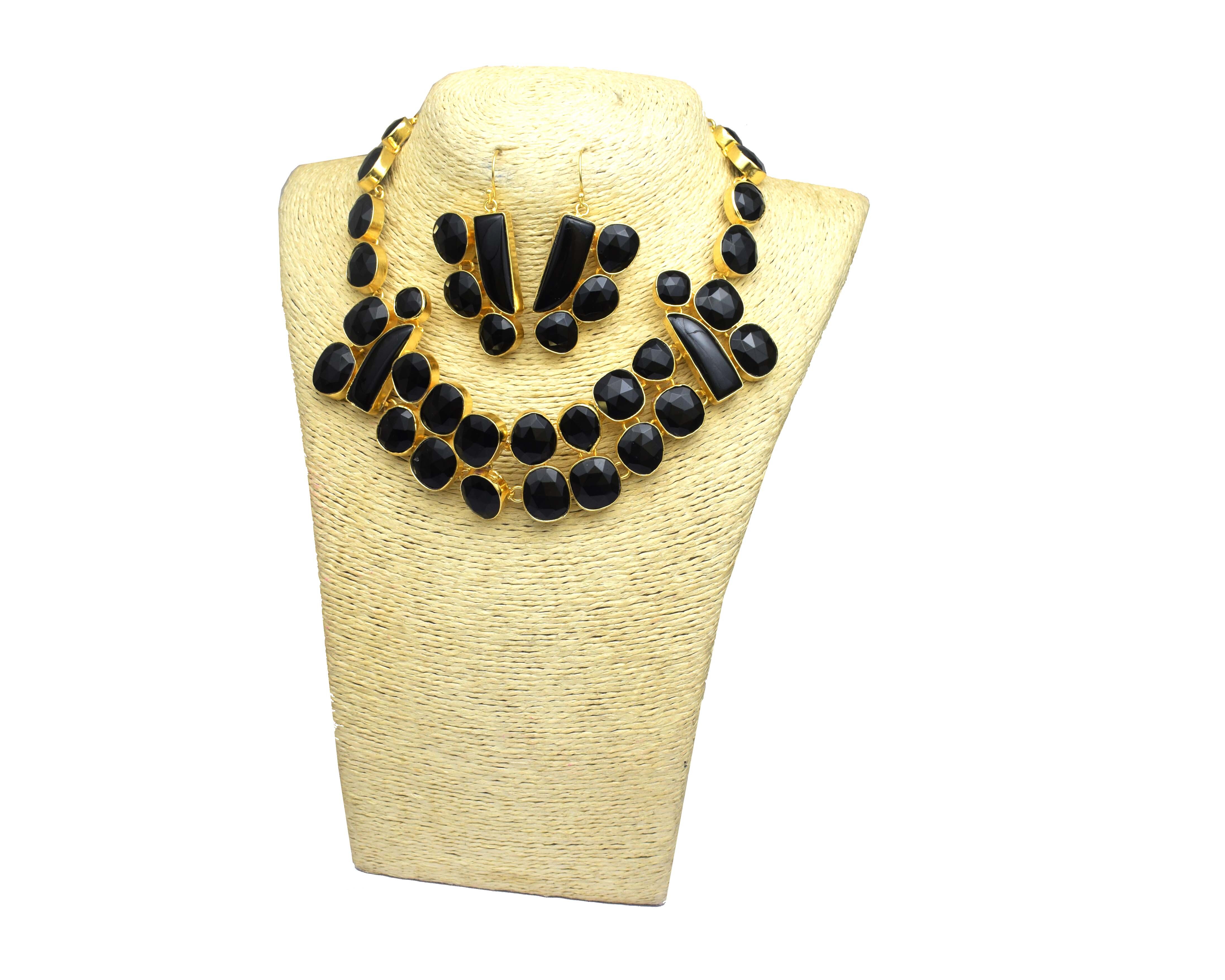 Oval Natural Black Onyx Stones Gold Plated Earrings Necklace Set