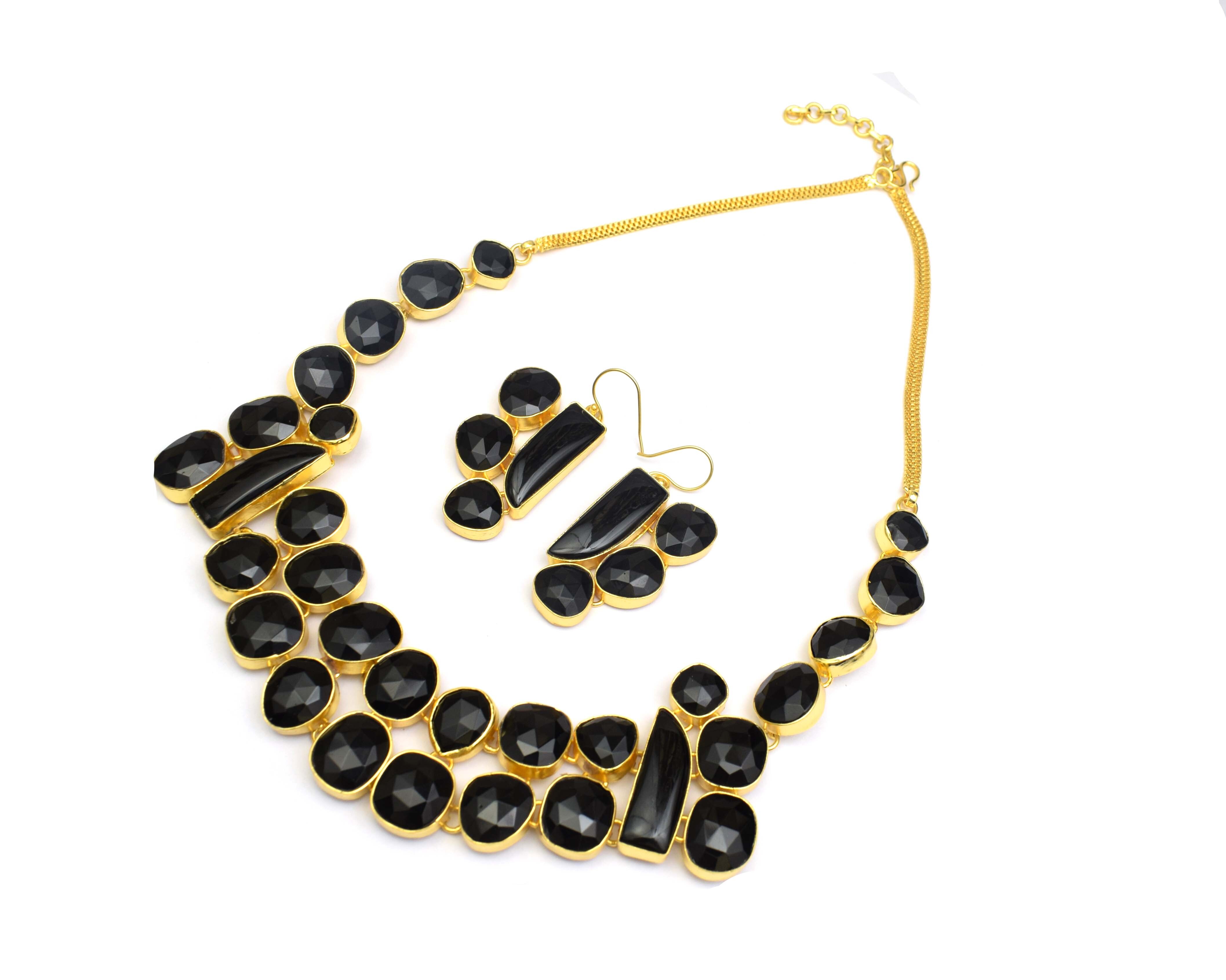 Oval Natural Black Onyx Stones Gold Plated Earrings Necklace Set