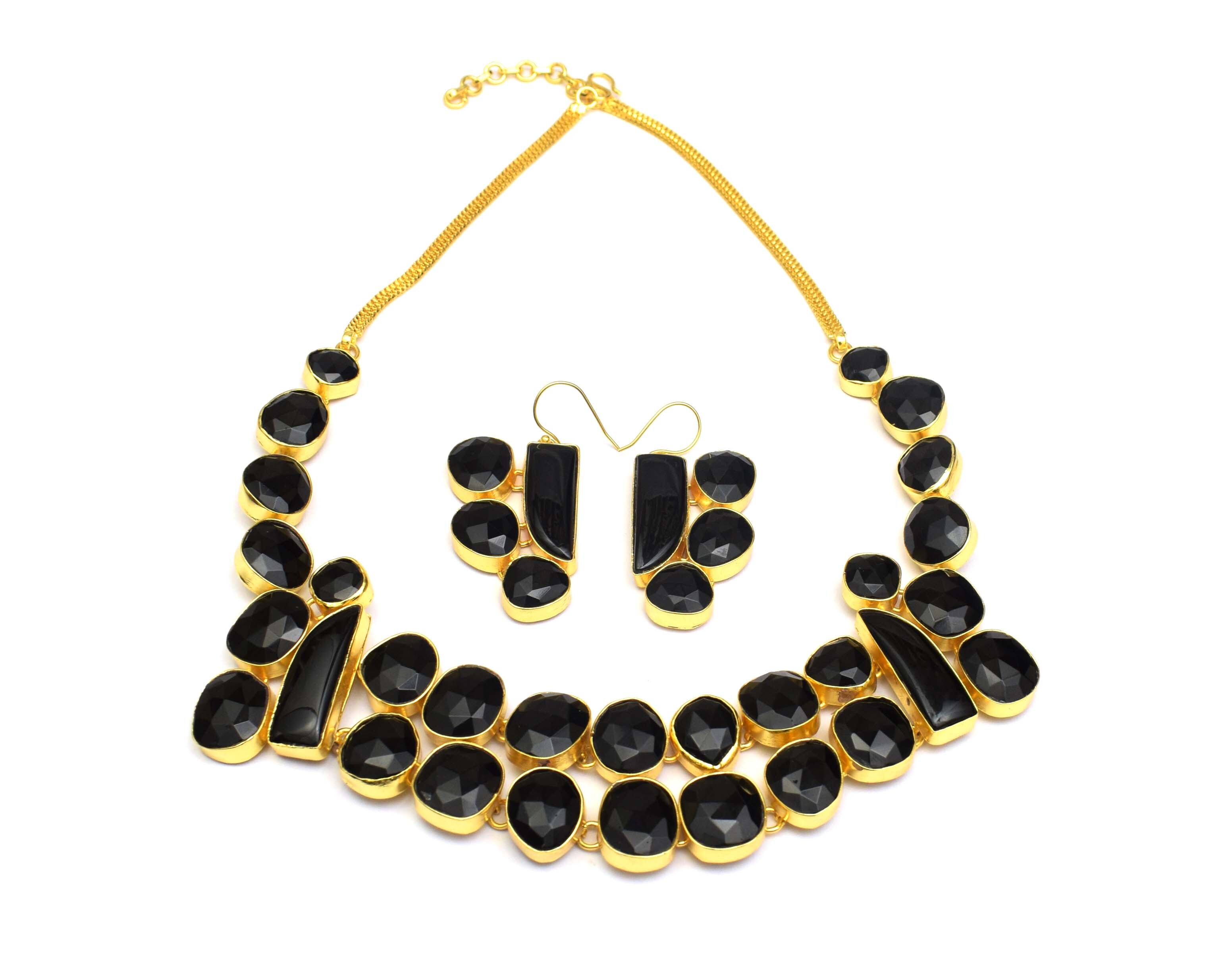 Oval Natural Black Onyx Stones Gold Plated Earrings Necklace Set