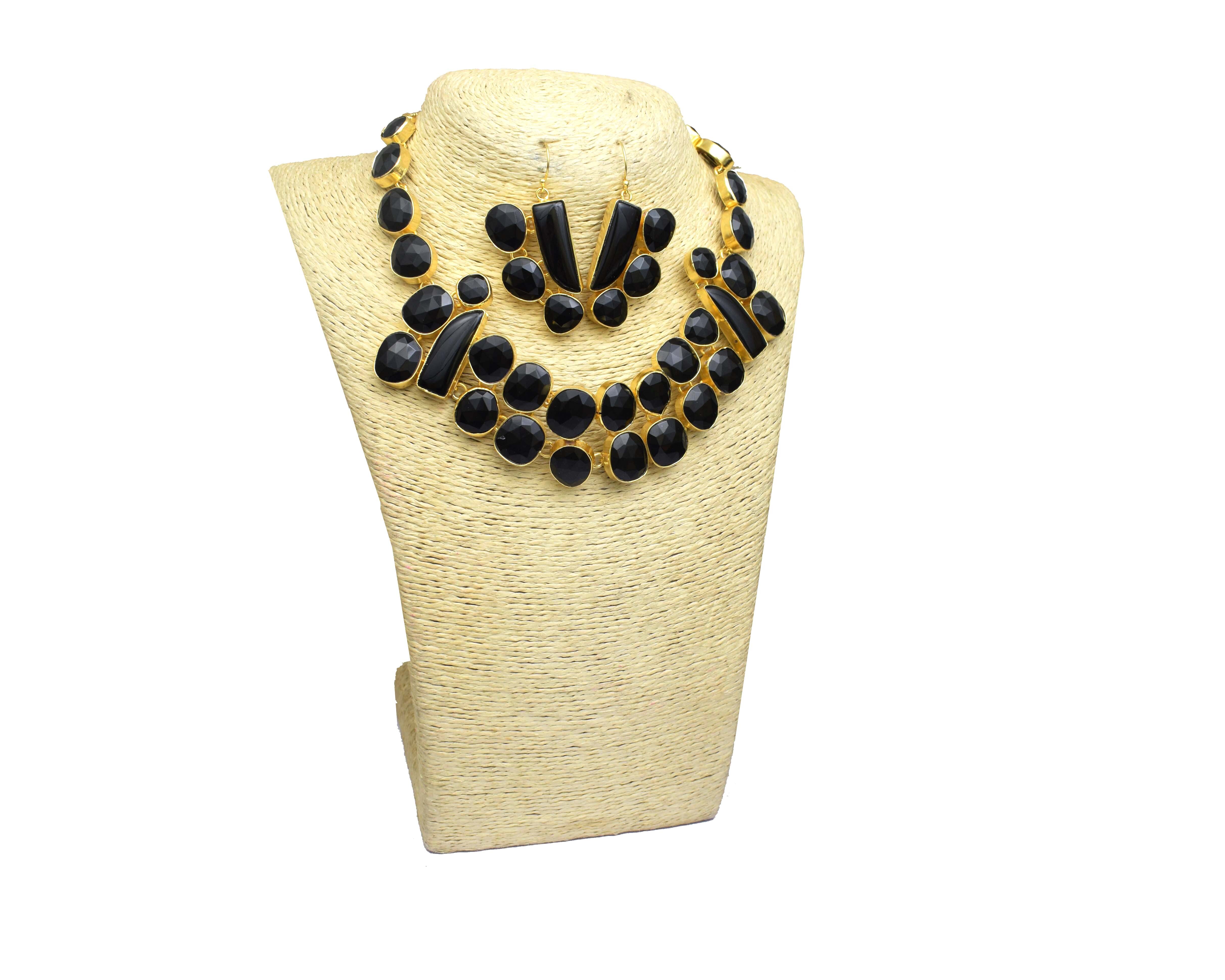 Oval Natural Black Onyx Stones Gold Plated Earrings Necklace Set