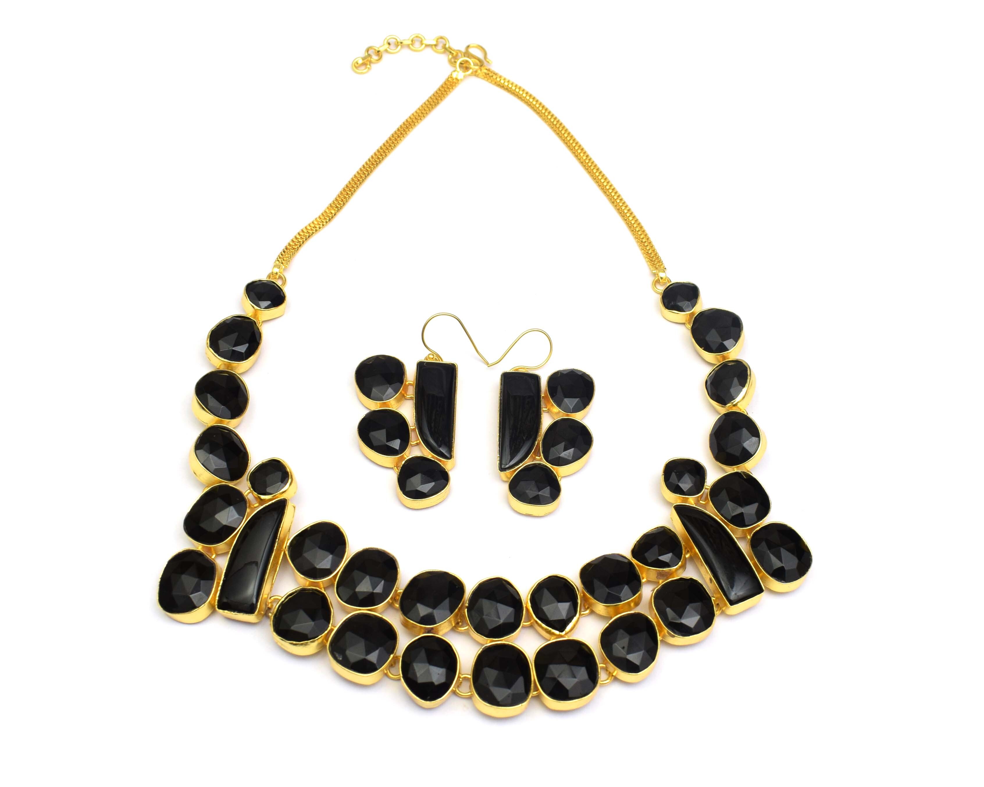 Oval Natural Black Onyx Stones Gold Plated Earrings Necklace Set