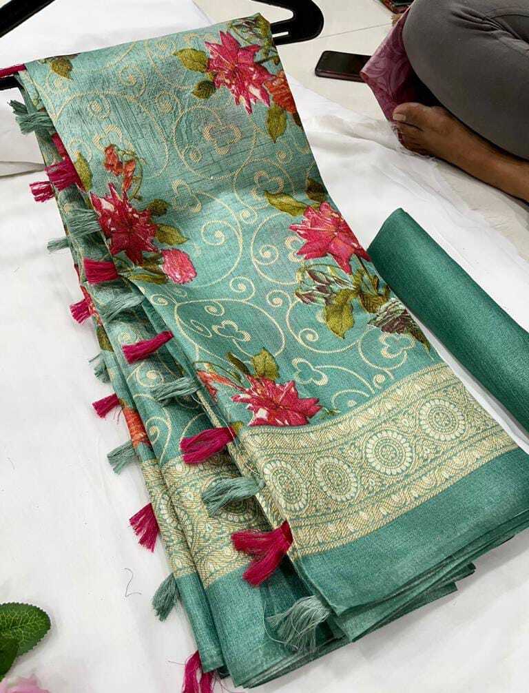 Damini C-green Pure Khadi Saree - Fabric: Pure Khadi Length: 5.50 Mtr Blouse: 0.80 Mtr | Hd Print Attractive Tassels On Pallu Casual Wear
