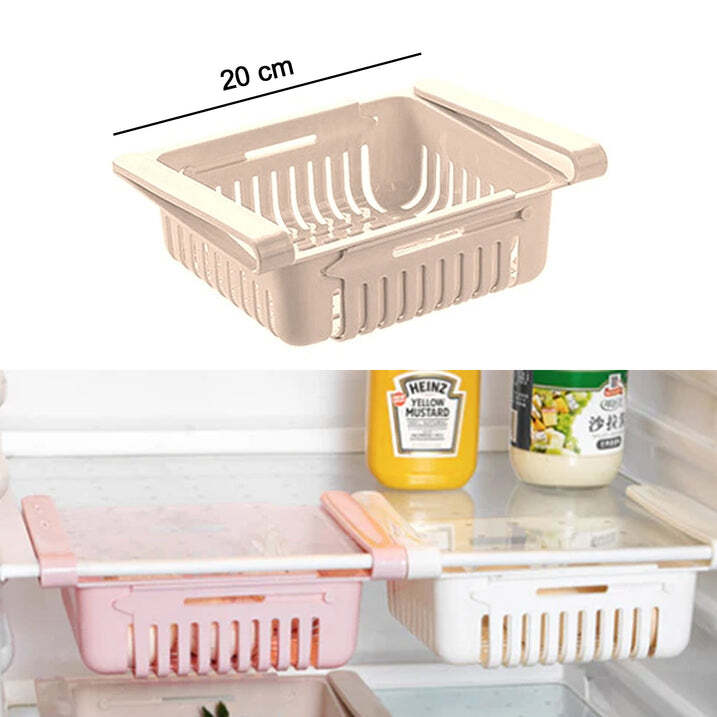 Expandable Adjustable Storage Basket - Plastic, 20x16x7 Cm | Random Color, Multipurpose Fridge Organiser, Space-saving Sliding Design, Eco-friendly