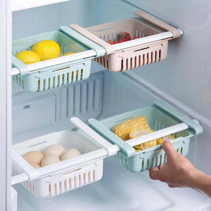Expandable Adjustable Storage Basket - Plastic, 20x16x7 Cm | Random Color, Multipurpose Fridge Organiser, Space-saving Sliding Design, Eco-friendly