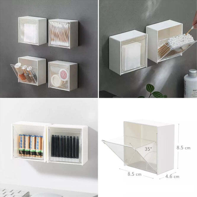 Wall Mounted Flip Storage Box - White Plastic, 9x5x9 Cm | Ideal For Small Object Storage, Efficient Flip Design For Space Saving