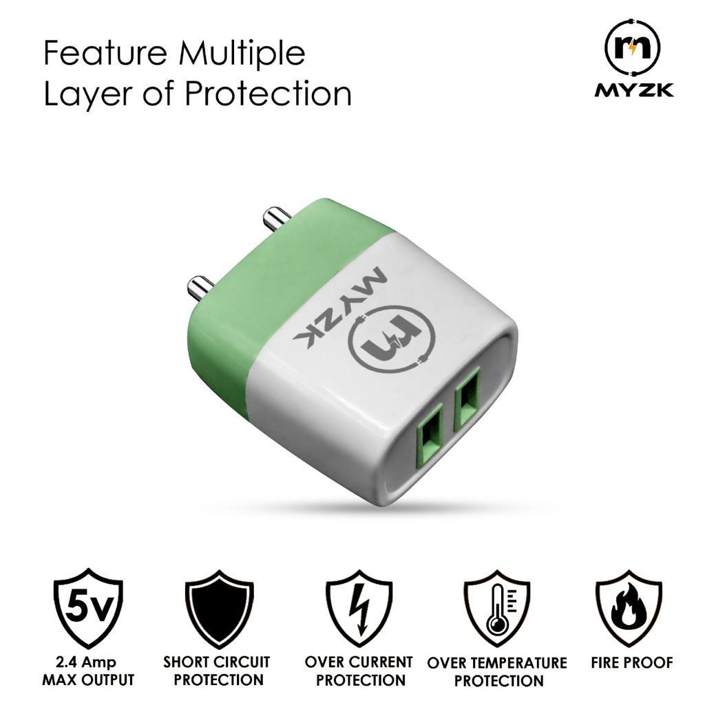 Myzk 2.4 Amp Dual Usb Fast Charger - 12w Power Output, 5v Voltage | Lightweight Pc+abs, Compact Size 7x2.8x4.5 Cm, White And Green