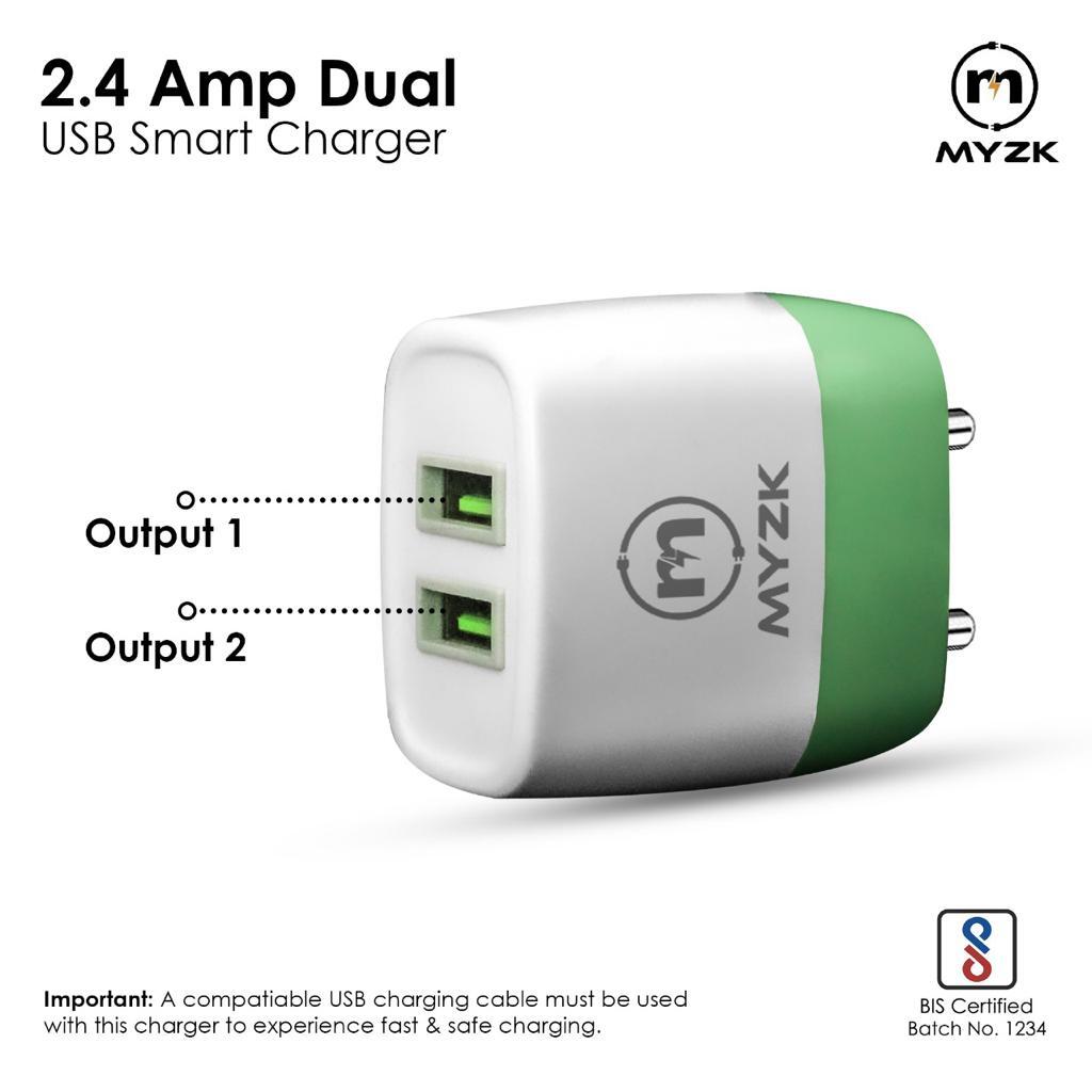 Myzk 2.4 Amp Dual Usb Fast Charger - 12w Power Output, 5v Voltage | Lightweight Pc+abs, Compact Size 7x2.8x4.5 Cm, White And Green