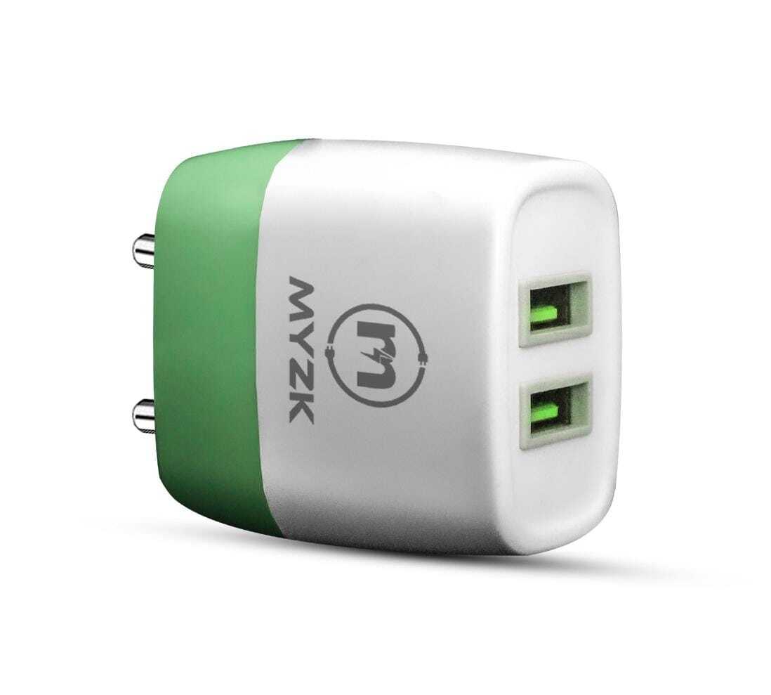 Myzk 2.4 Amp Dual Usb Fast Charger - 12w Power Output, 5v Voltage | Lightweight Pc+abs, Compact Size 7x2.8x4.5 Cm, White And Green