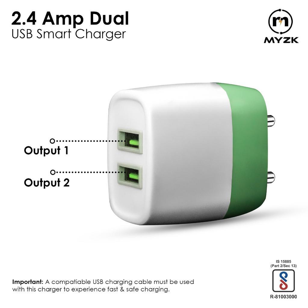 Myzk 2.4 Amp Dual Usb Fast Charger - 12w Power Output, 5v Voltage | Lightweight Pc+abs, Compact Size 7x2.8x4.5 Cm, White And Green