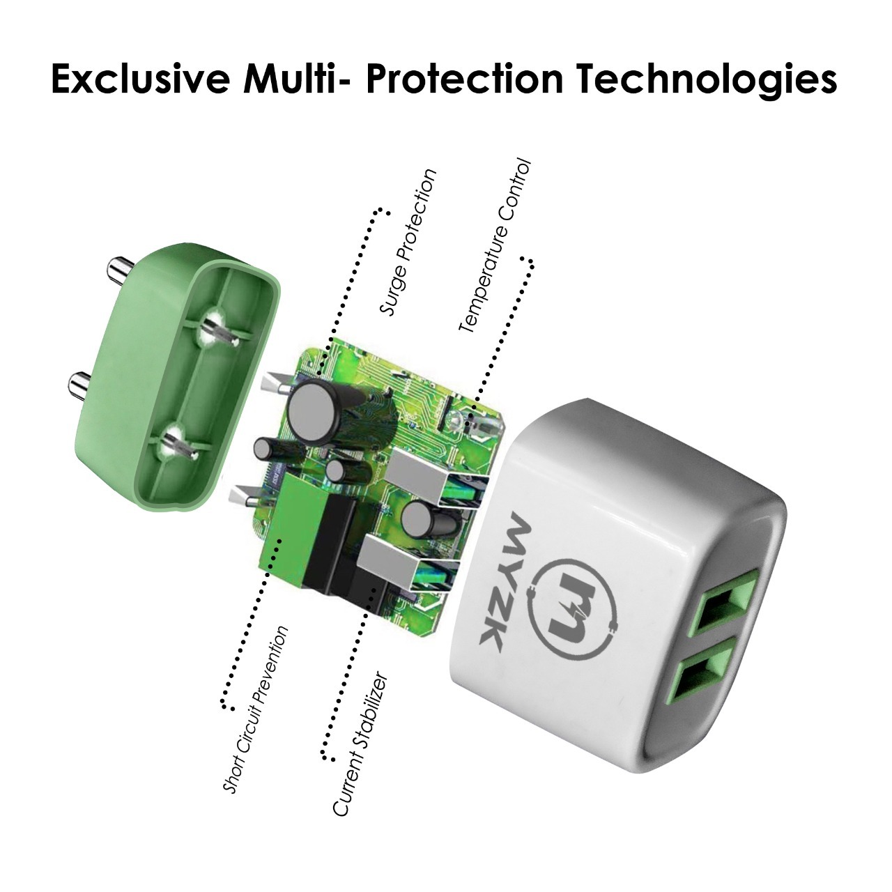 Myzk 2.4 Amp Dual Usb Fast Charger - 12w Power Output, 5v Voltage | Lightweight Pc+abs, Compact Size 7x2.8x4.5 Cm, White And Green