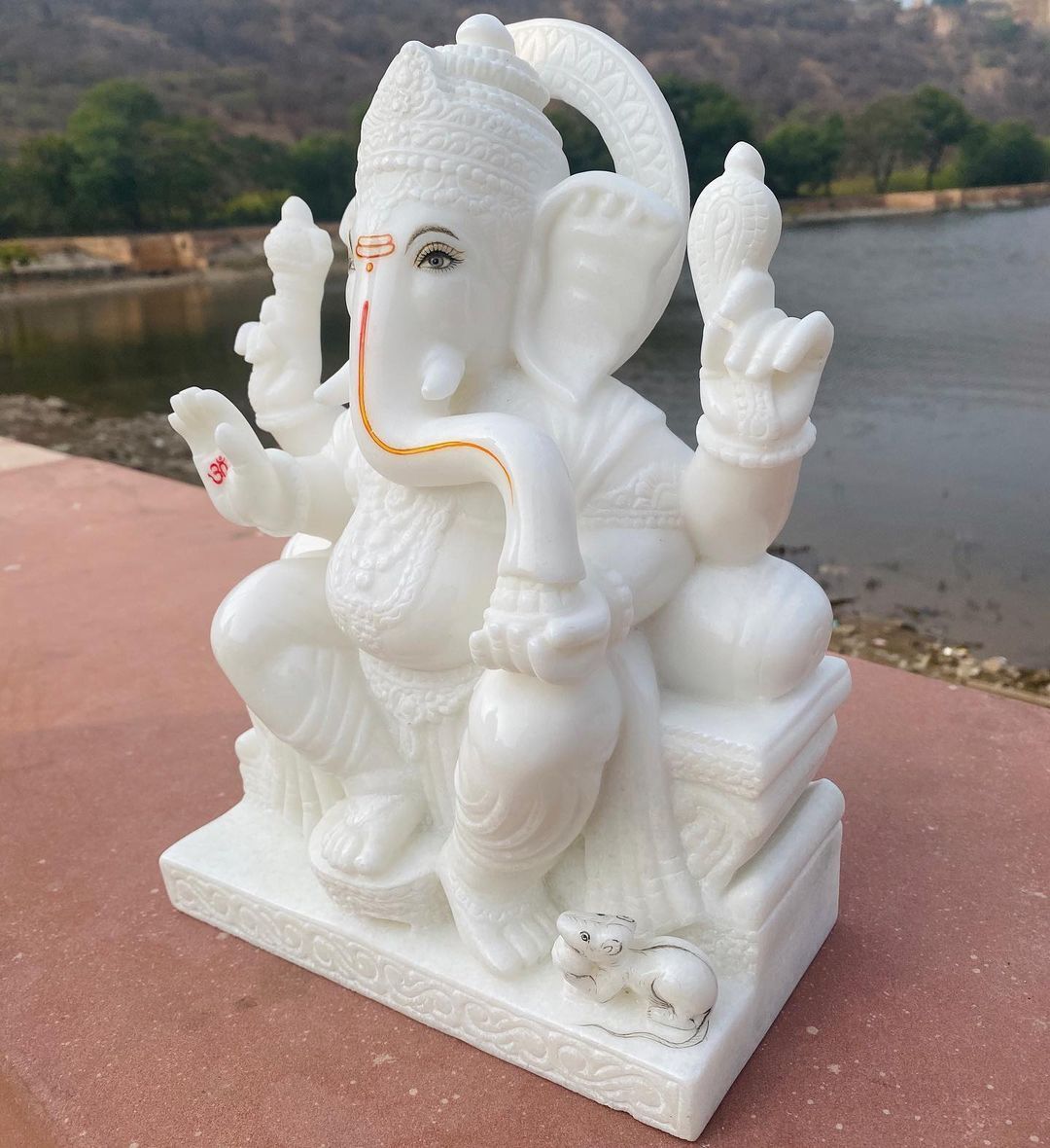 Marble Ganpati Statue - 12 Inch White Sculpture | Craved, Painted, Polished Finish For Religious Home And Outdoor Decoration