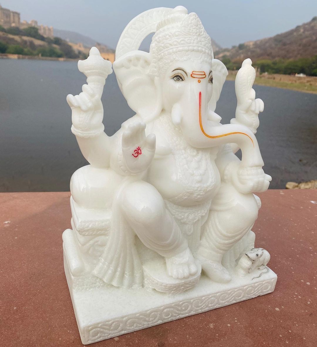 Marble Ganpati Statue - 12 Inch White Sculpture | Craved, Painted, Polished Finish For Religious Home And Outdoor Decoration