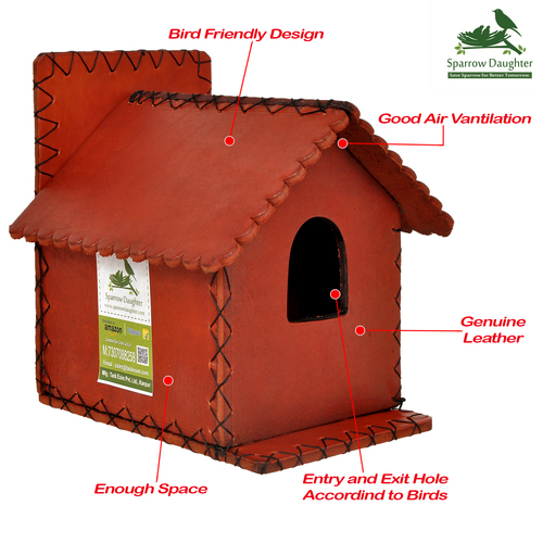 Small Hut Bird House - Leather, Vegan Leather, Synthetic Leather | Fire Red, 16x15x17 cm, Handcrafted by Women Artisans, Easy Installation Options