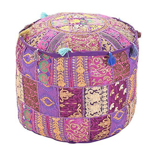Fancy Puff Cover - 100% Cotton, Full Size, Purple Color | Washable, Embroidered Design with Patchwork Technique