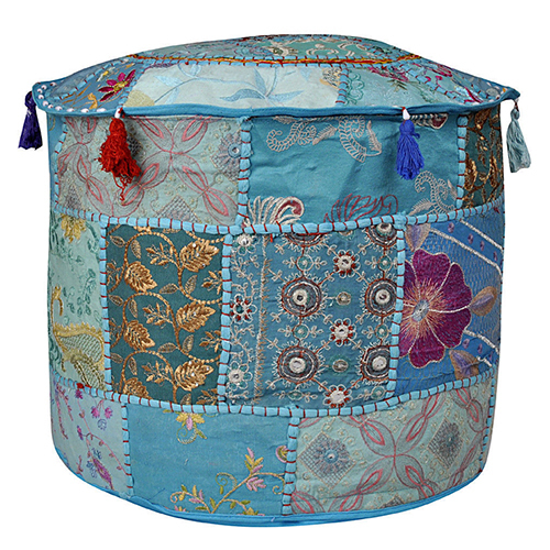 Stylish Puff Cover - 100% Cotton, Full Size, Blue Color | Washable, Embroidered Patterns, Elegant Patchwork Design