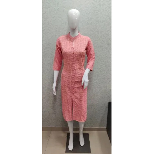 Rayon Chikan Kurti - V Neck Embroidered Lucknowi Work, 3-4th Sleeve, Regular Fit | Breathable, Washable, Ideal For Casual Daily Wear