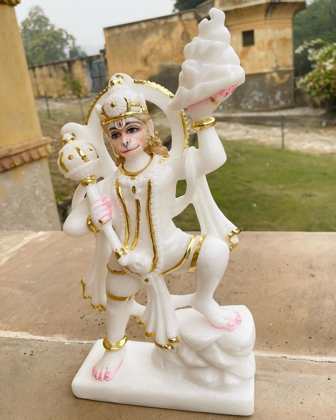 White Marble Hanuman Statue - 12 Inch, White Color | Carved, Painted, Polished Finish, Ideal For Home Decoration And Religious Activities
