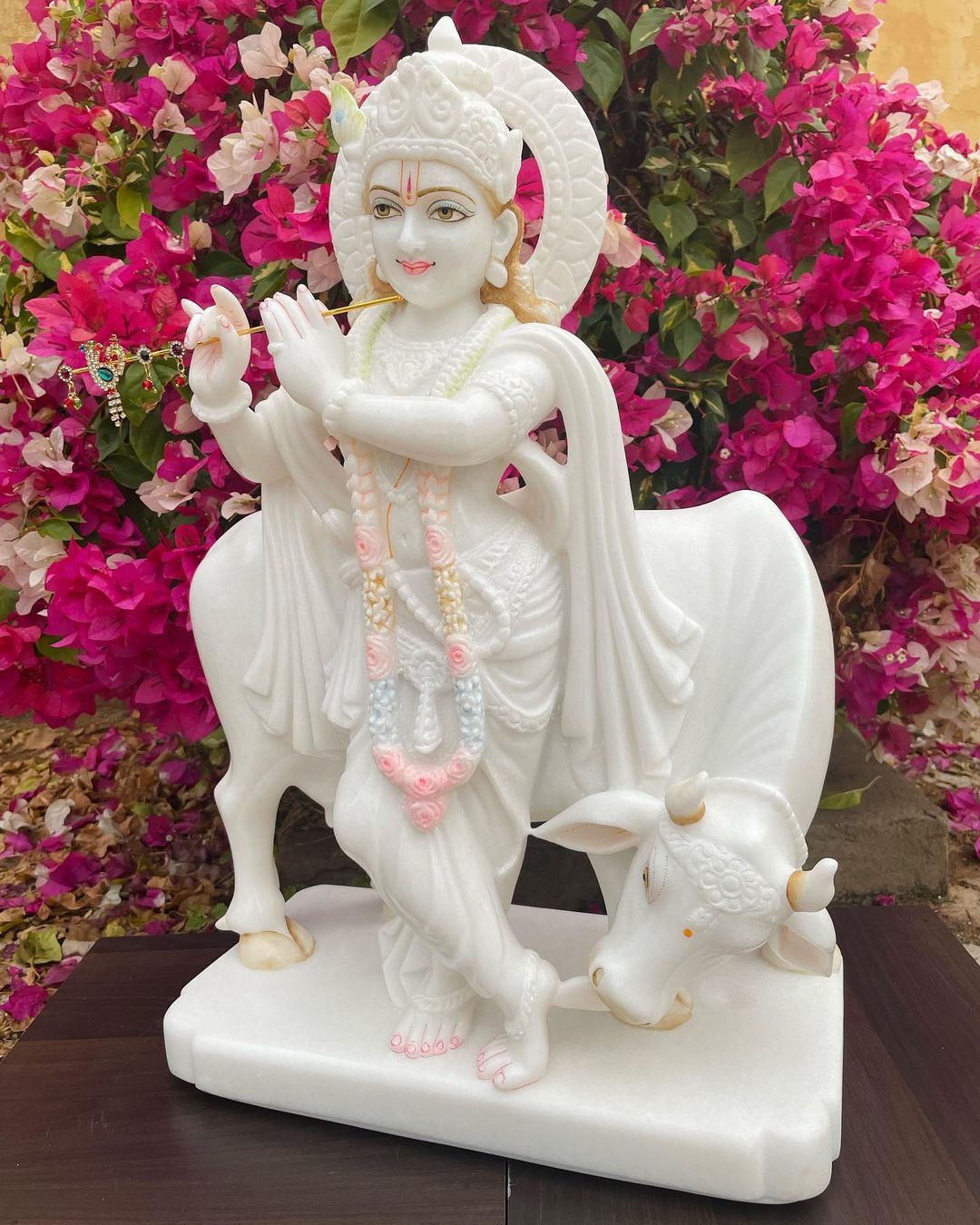 White Marble Krishna Statue - 12 Inch, White Marble | Hand Carved, Painted & Polished Folk Art Hindu Theme For Home & Outdoor Decoration