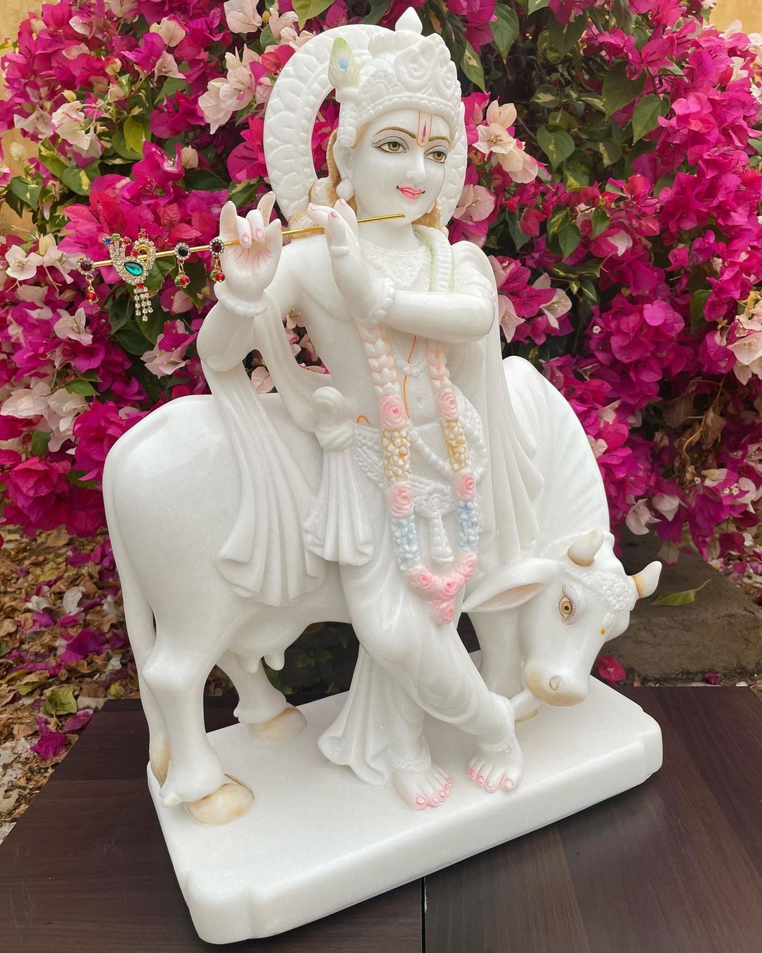 White Marble Krishna Statue - 12 Inch, White Marble | Hand Carved, Painted & Polished Folk Art Hindu Theme For Home & Outdoor Decoration