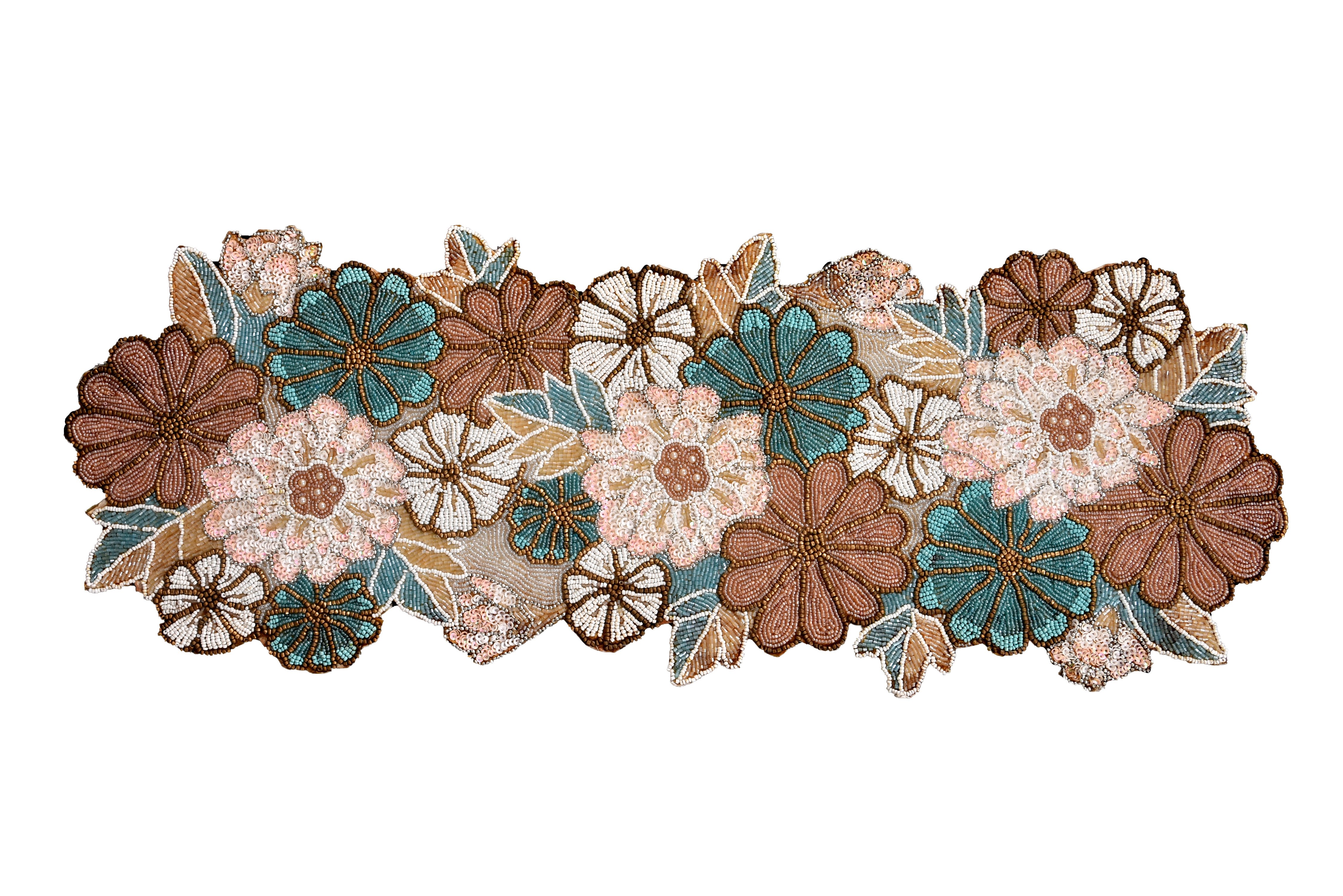 Satin Fabric White And Gold Beaded Table Runner