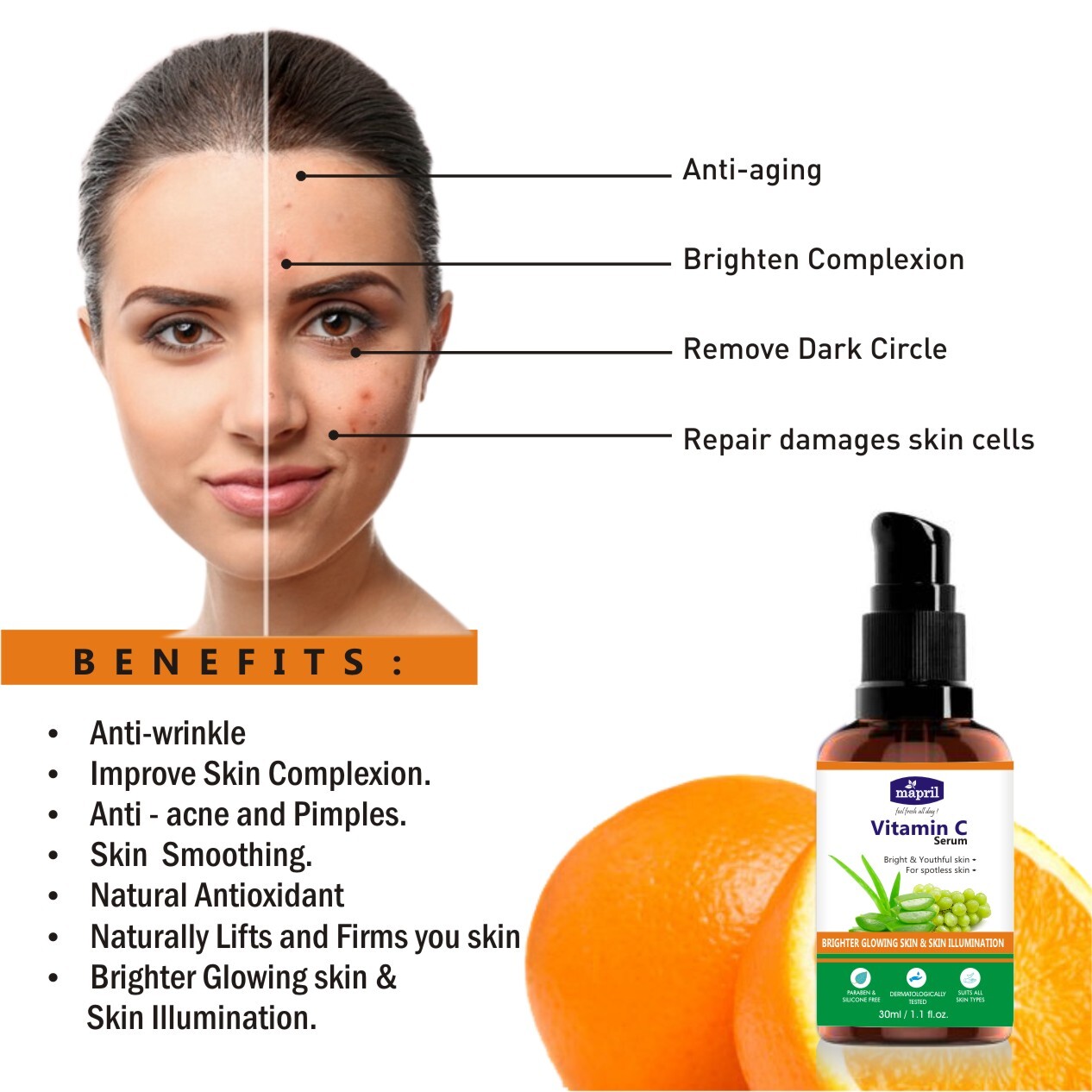 Mpbc Vitamin C Serum - 30ml Natural Formula | Anti-wrinkles, Skin Brightening, Nourishing, Dark Circles Remover, Instant Glow