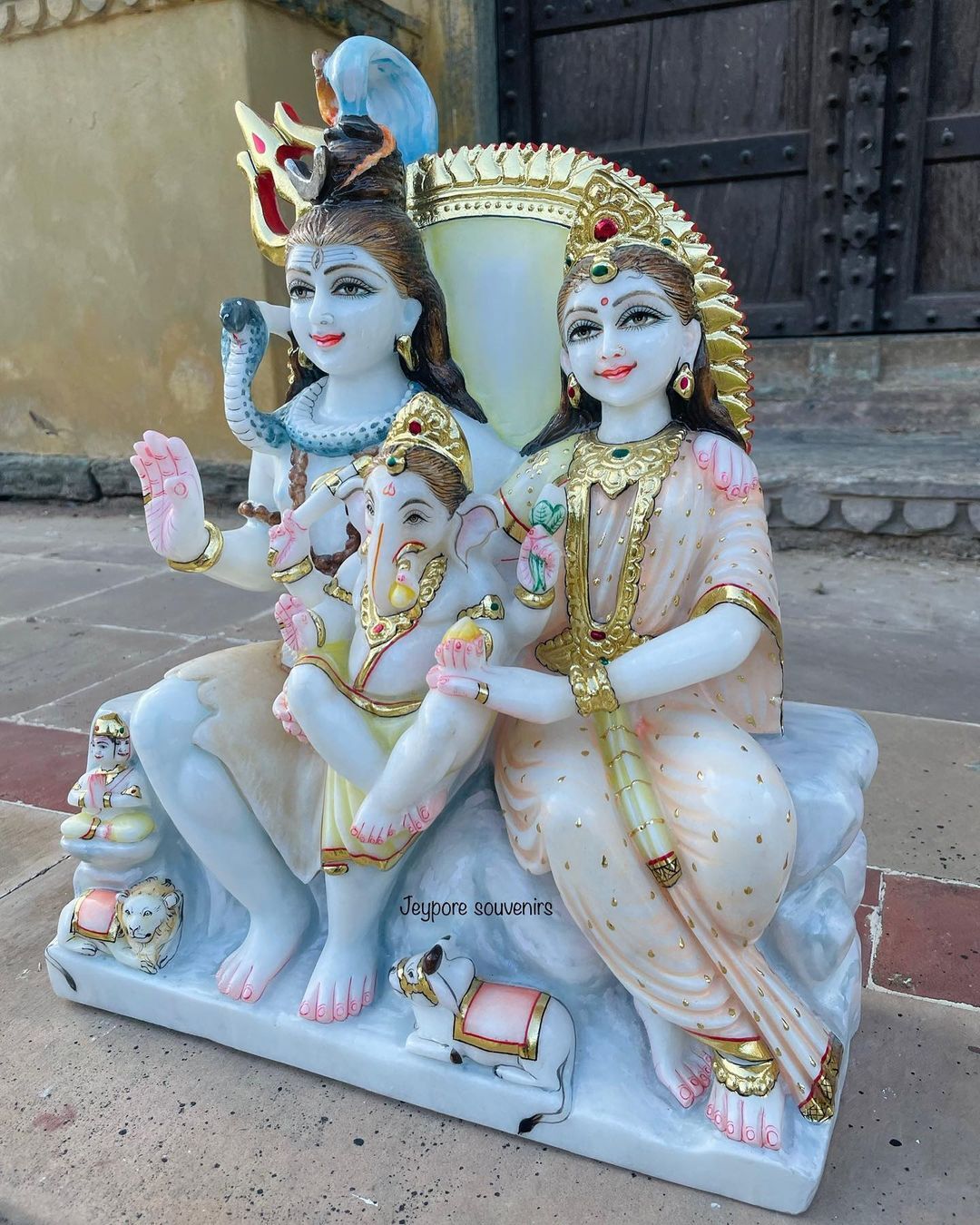 Marble Shiv Parivar Statue - 24 Inch, White Marble Sculpture | Painted, Craved, Polished For Home And Outdoor Decoration