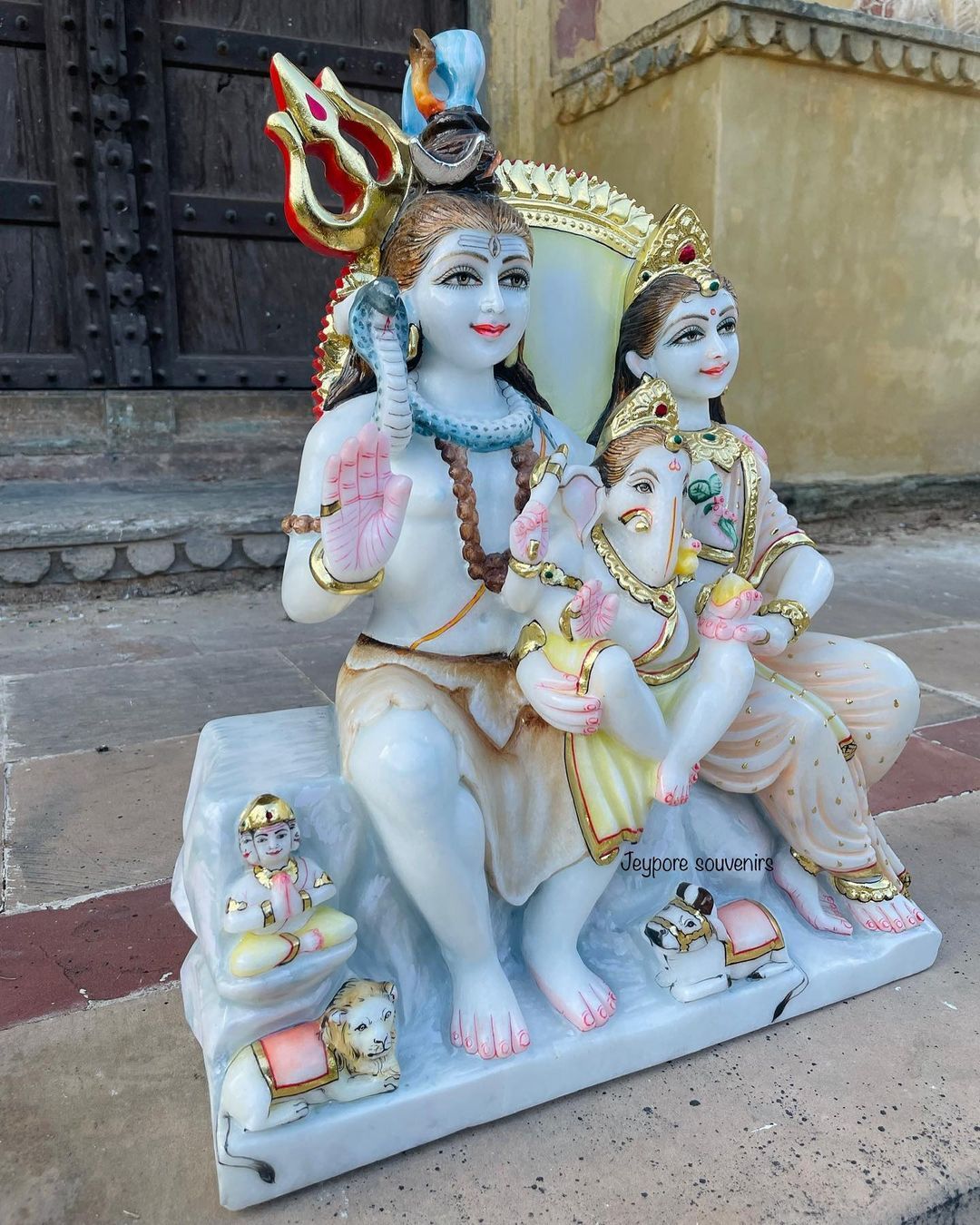 Marble Shiv Parivar Statue - 24 Inch, White Marble Sculpture | Painted, Craved, Polished For Home And Outdoor Decoration