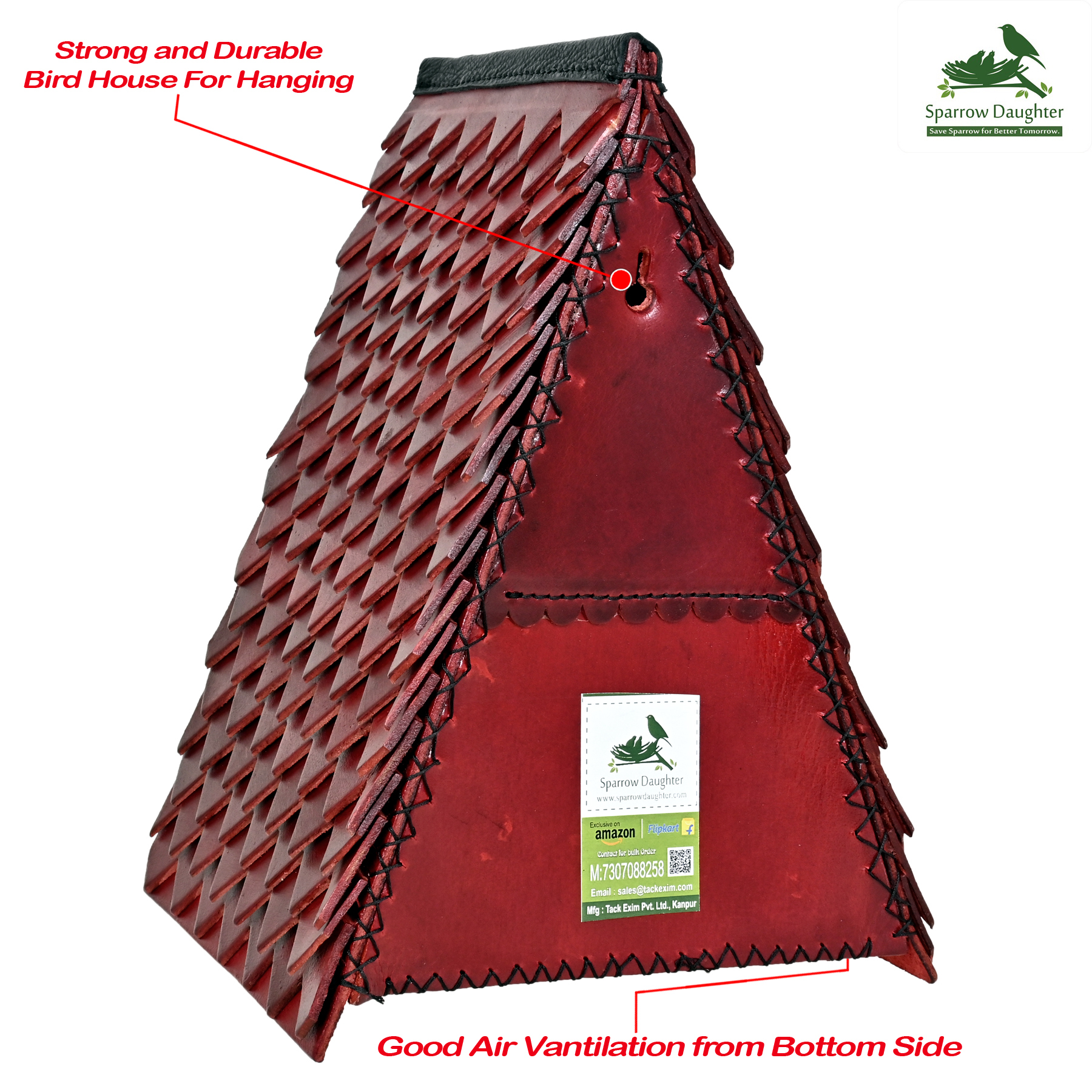 Triangle Shape Birdhouse - Leather, Vegan Leather, Synthetic Leather | Dimensions 16x20x29.5 Cm, Predator Proof, Handcrafted, Easy Installation