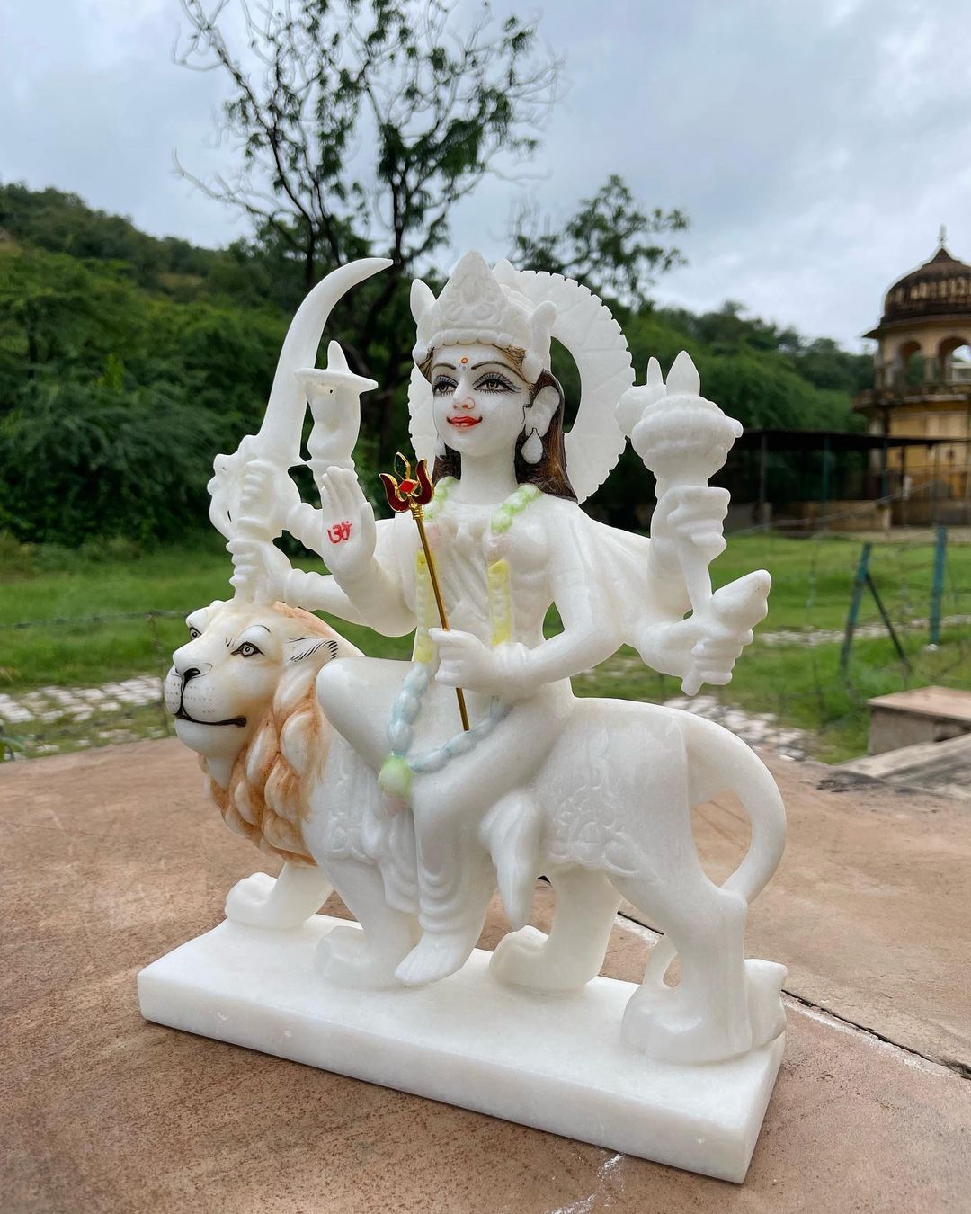 White Marble Durga Mata Statue - 12 Inch, Elegant White Color | Handcrafted Folk Art, Perfect For Home And Outdoor Decoration
