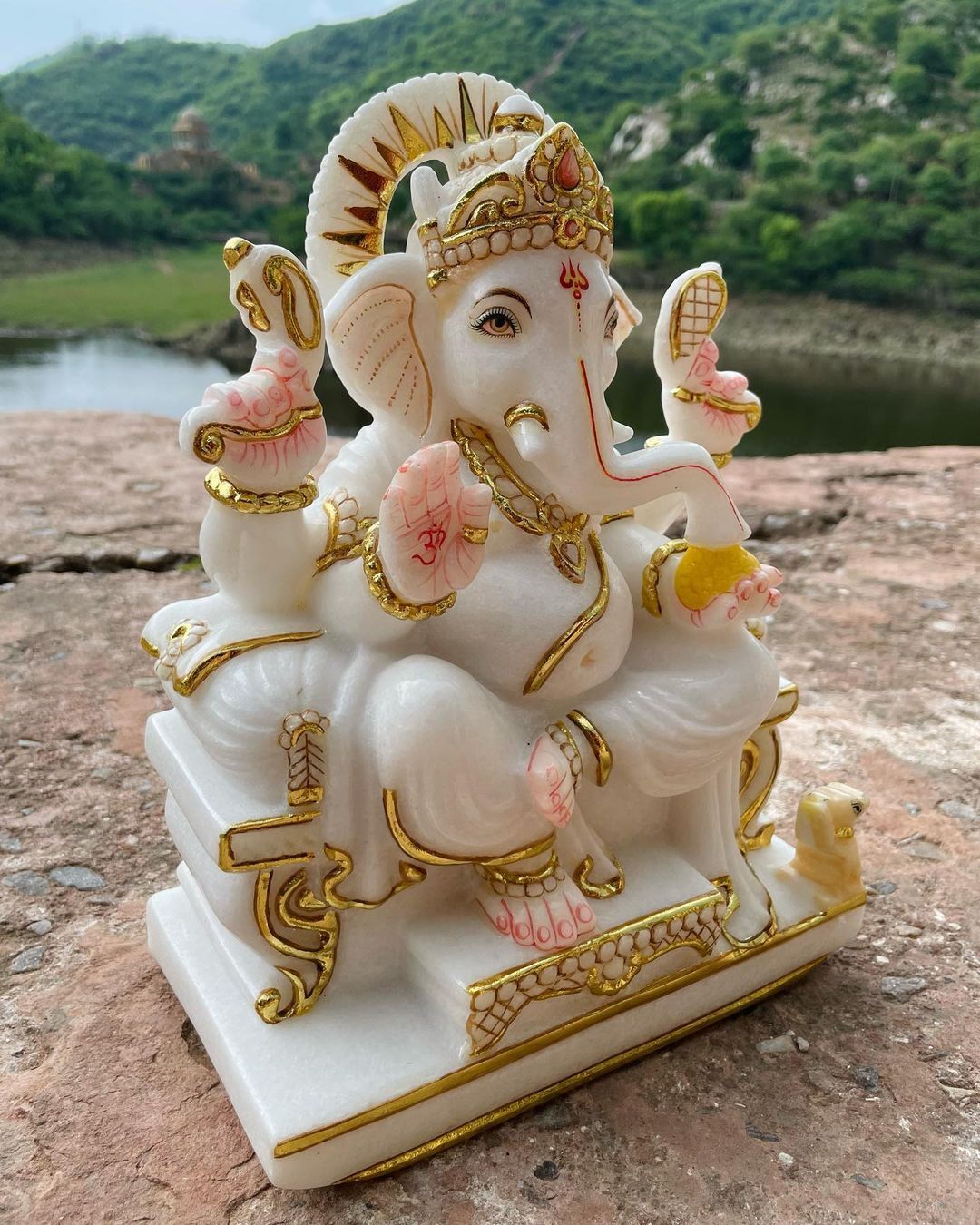 Ganesh Marble Statue - 12 Inch Size, White Color | Customizable Material, Packaging, Ideal For Home And Outdoor Decoration, Folk Art Design, Hinduism Theme
