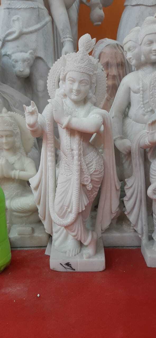 Marble Krishna Statue - 24 Inch, White Color | Customized Packaging, Hand-craved, Painted, Polished - Ideal For Religious And Home Decoration