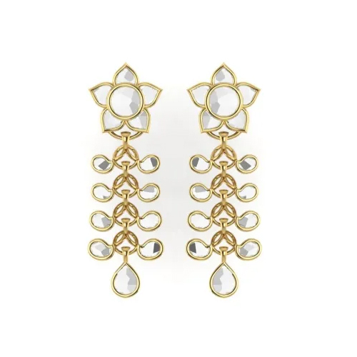 Paandu Kundan Yellow Gold Earrings - 7.32g, White Gold Accents, Sparkling White Stones
