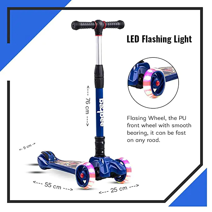 Blue Magpie Lash Scooter For Kids 3 Wheel Kids Scooter Smart Kick Scooter With Foldable And Height Adjustable Handle And Extra Wide Led Pu Wheels And Brake