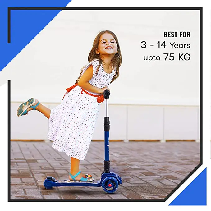 Blue Magpie Lash Scooter For Kids 3 Wheel Kids Scooter Smart Kick Scooter With Foldable And Height Adjustable Handle And Extra Wide Led Pu Wheels And Brake