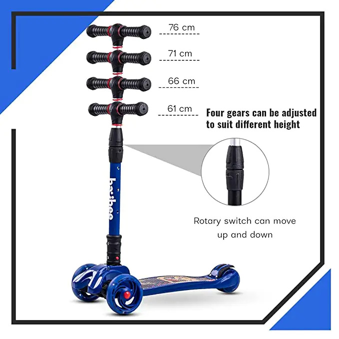 Blue Magpie Lash Scooter For Kids 3 Wheel Kids Scooter Smart Kick Scooter With Foldable And Height Adjustable Handle And Extra Wide Led Pu Wheels And Brake